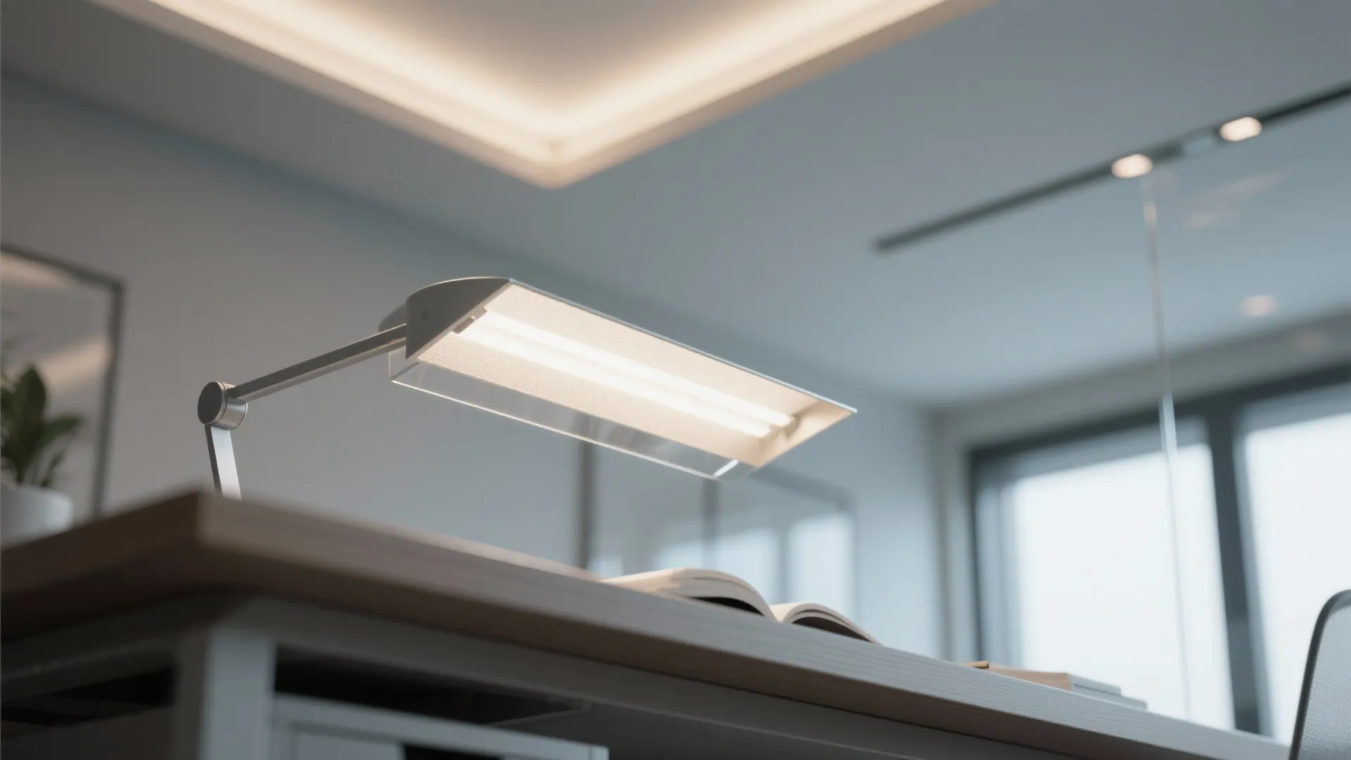 Macro of glare-free task lighting on a matte desk with indirect uplight and high-CRI LED details in a study room.