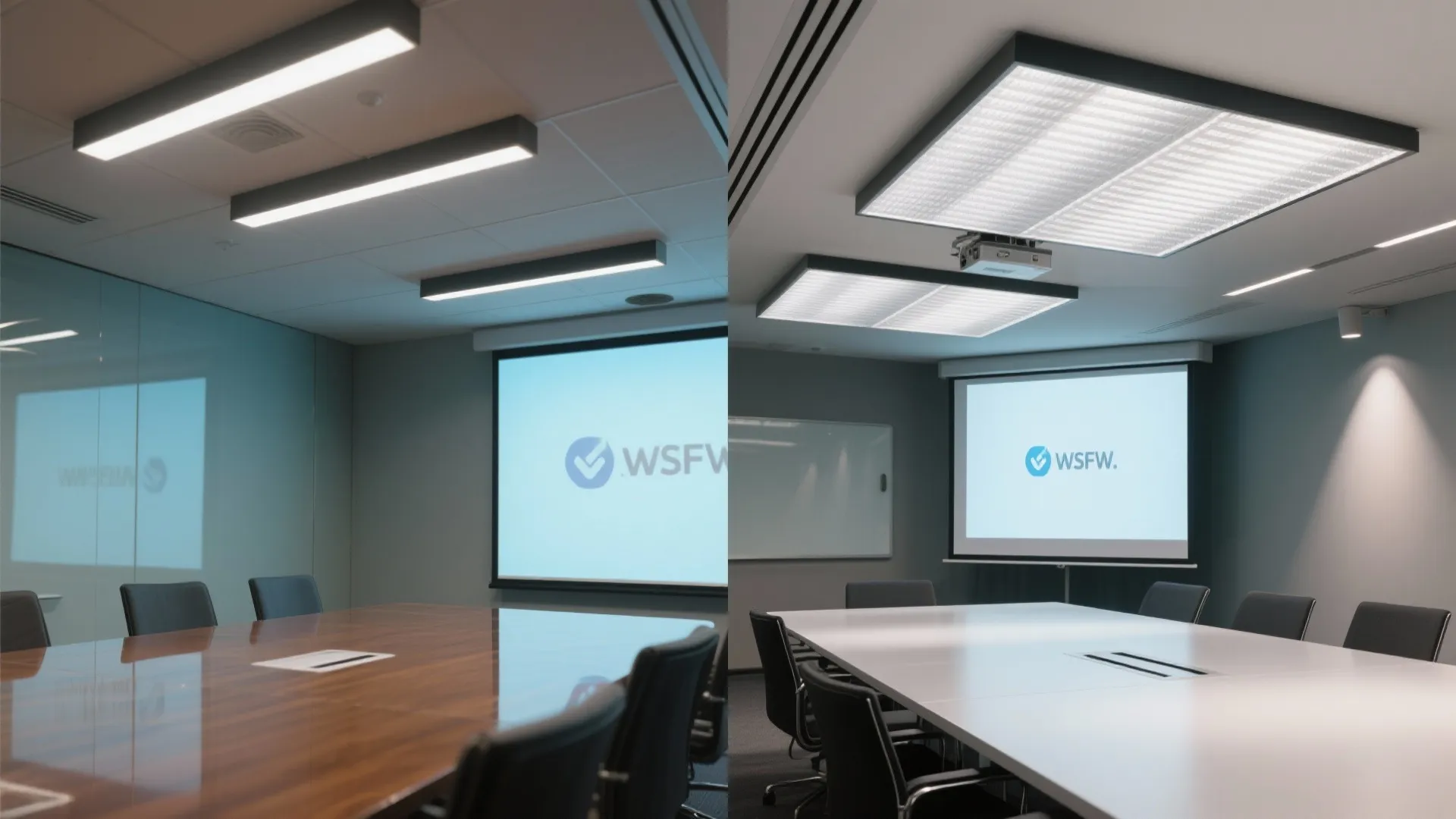 Before and after comparison showing glare reduction on a meeting room projection screen using lights