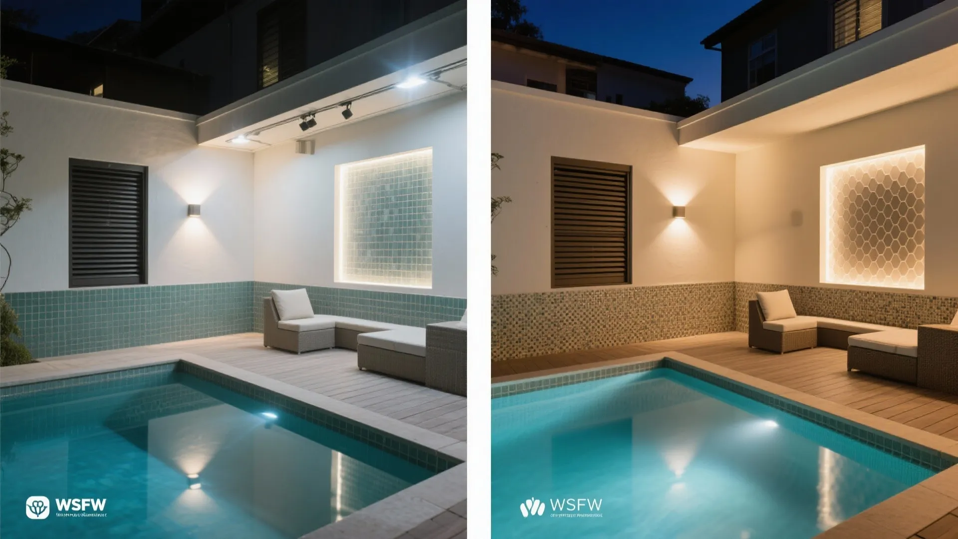 Before-after scene showing a pool transformed from harsh glare to soft, recessed, low-glare lighting with matte finishes.
