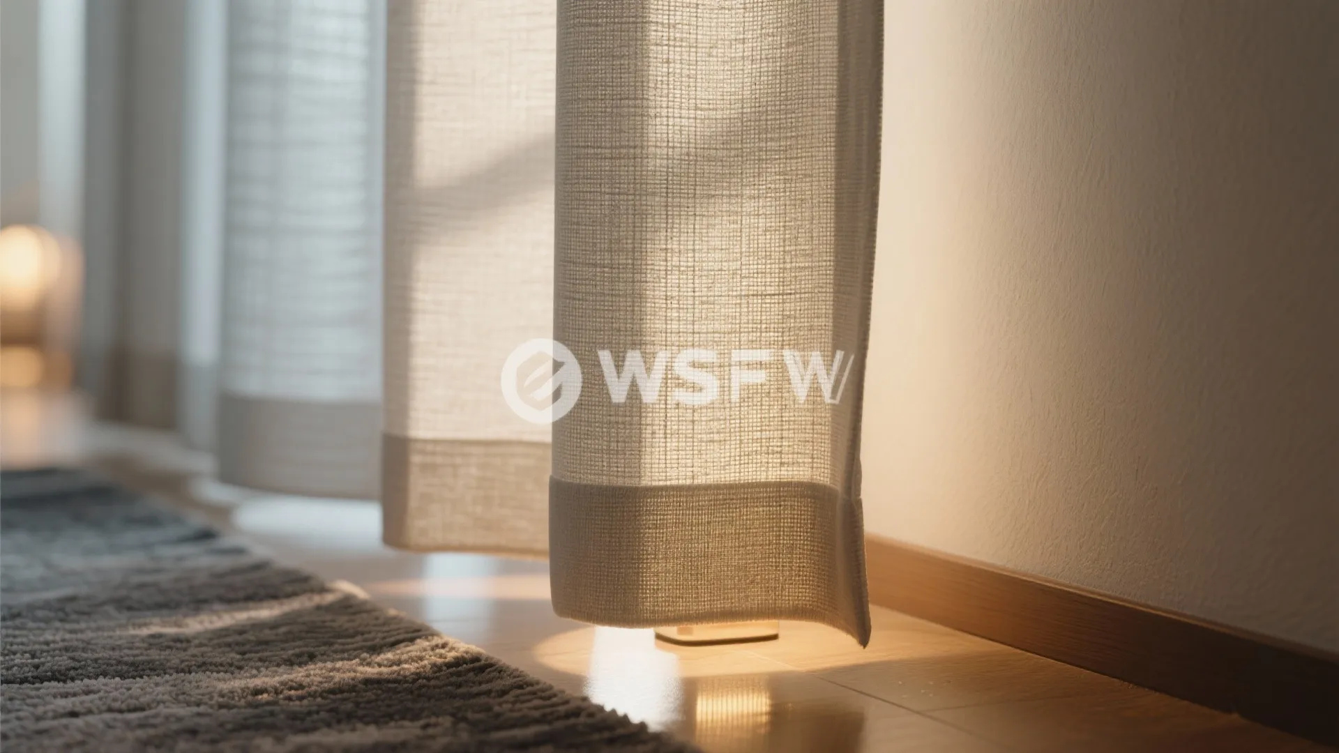 Macro of light-filtering shade fabric and matte wall reducing morning glare