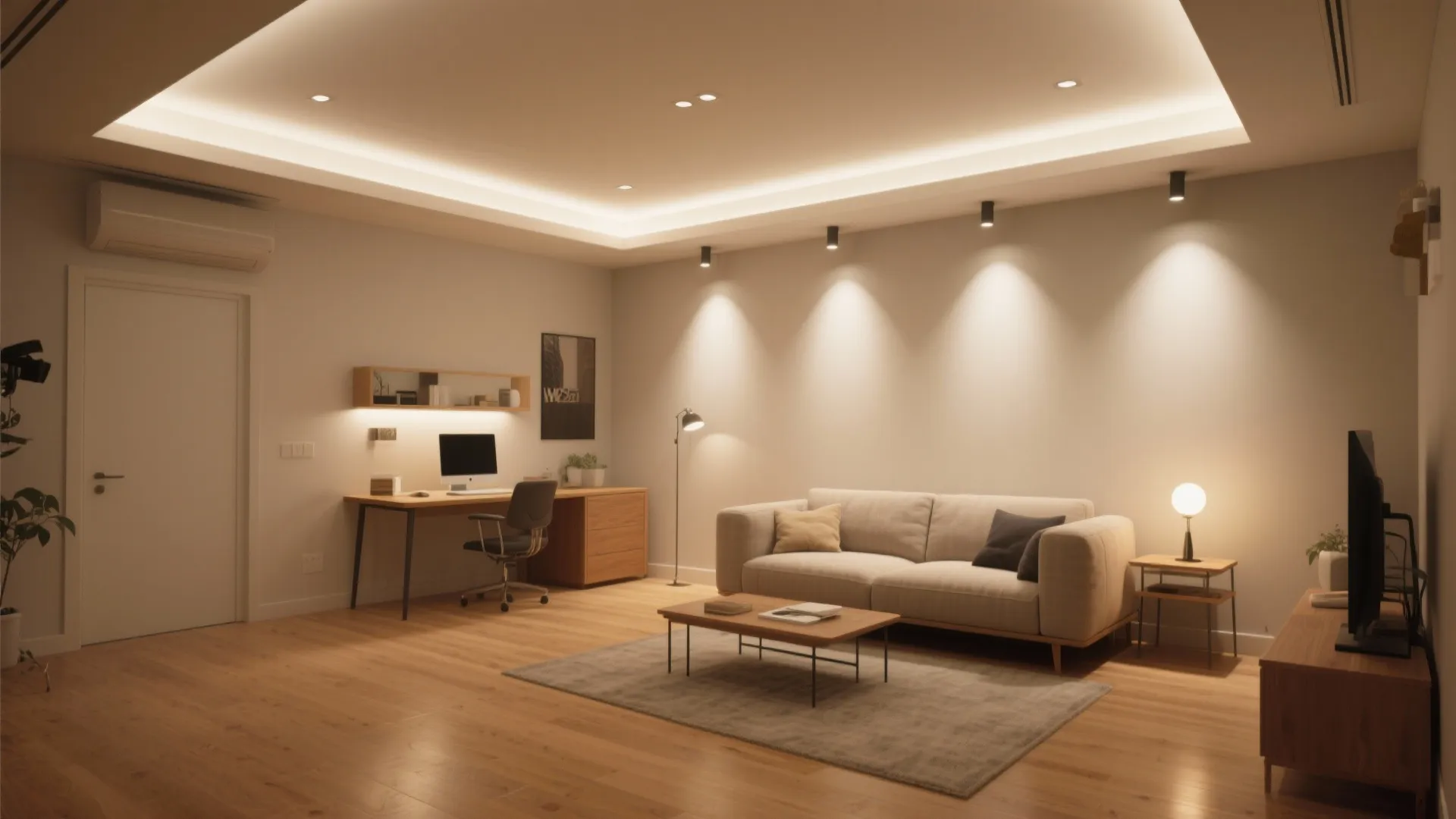 Compact studio with deep-baffle downlights and smooth ambient glow for glare-free comfort.