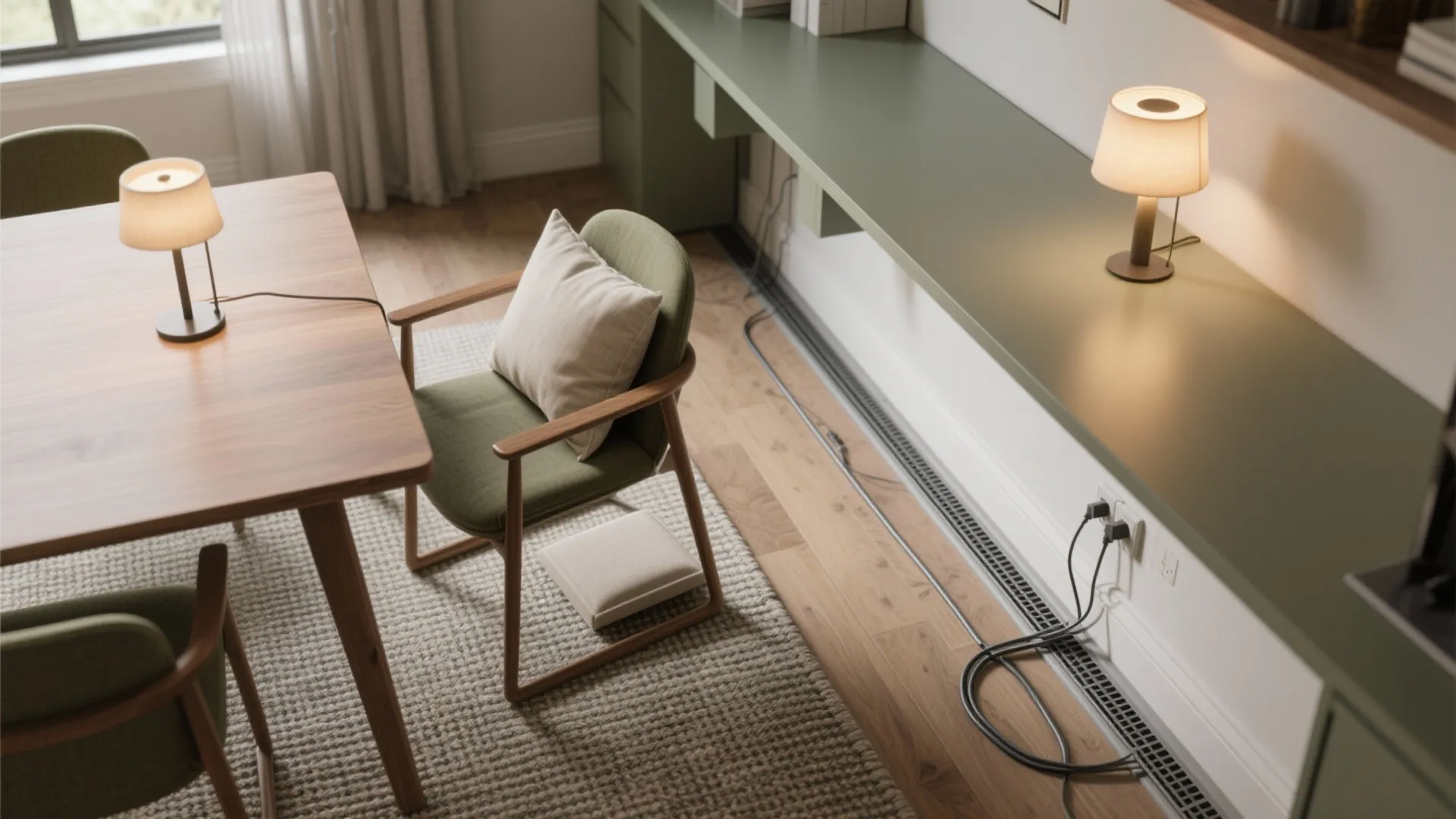 Wooden dining table with green chair and desk lamp showing power cables plugged into wall