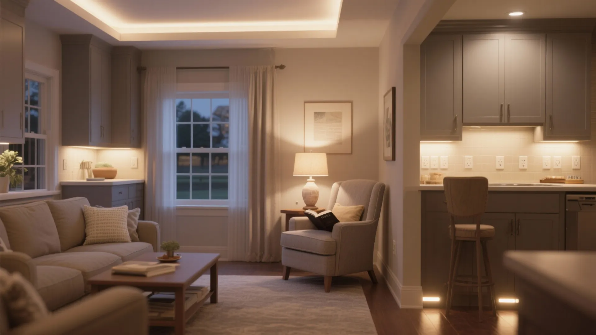 Cozy living room interior with grey sofa armchair table lamp and warm layered light fixtures