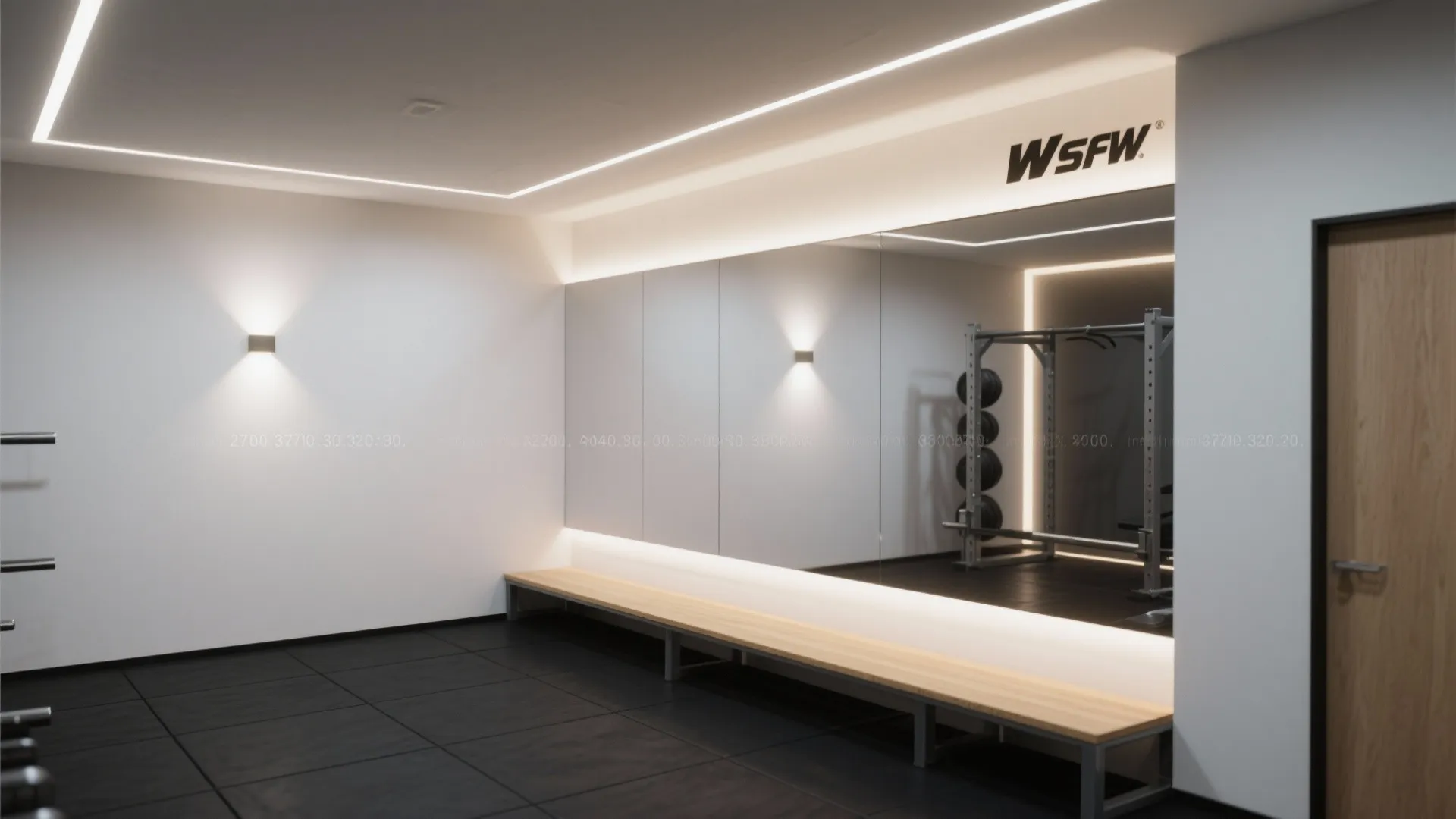 Home gym mirror with soft indirect uplighting and opposite wall washers for glare-free reflection.