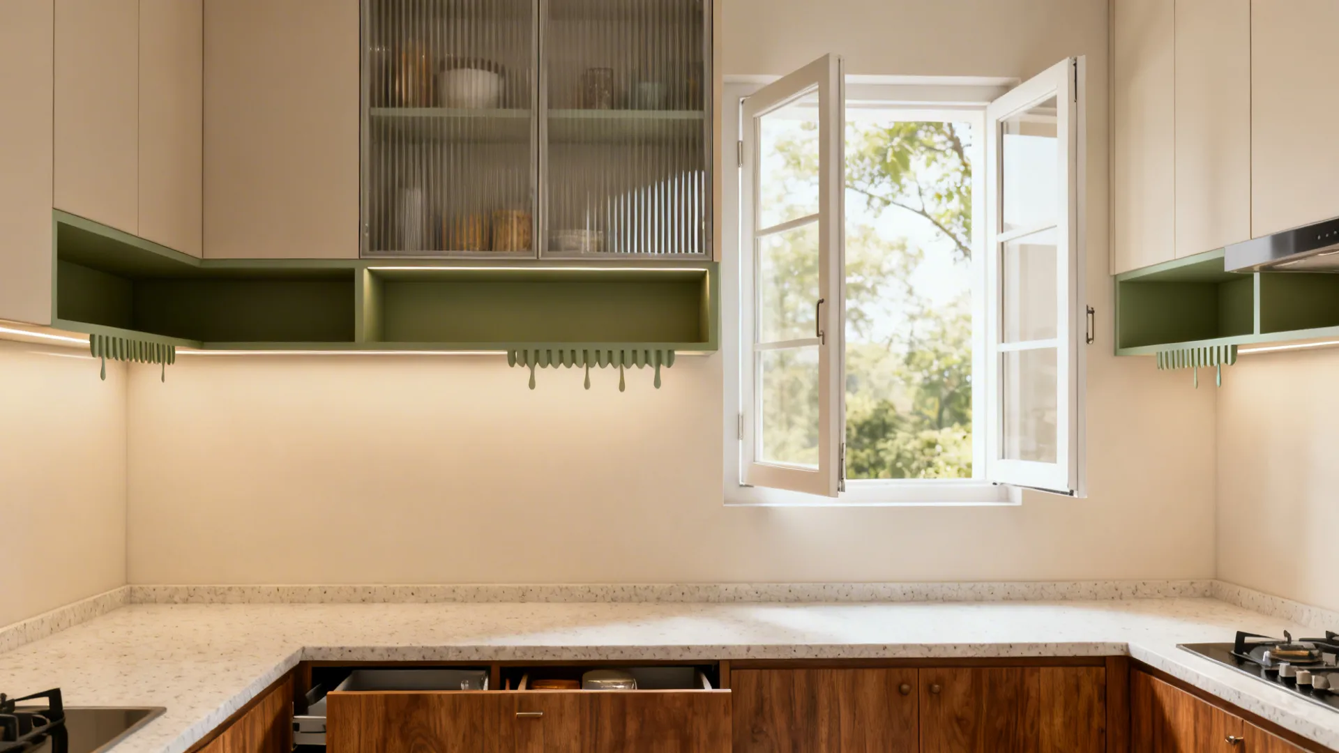 Minimal, glare-free storage around the window