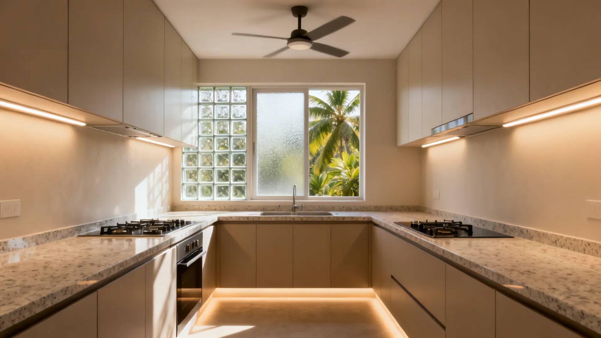 Kerala kitchen with frosted window, under-cabinet LEDs, and a low-profile ceiling fan.