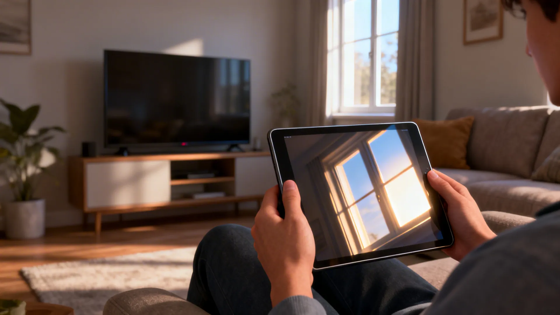 Person holding a tablet at seating height to test reflections where a TV might be mounted