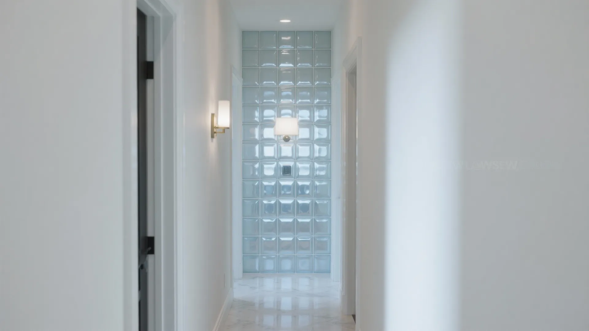 Bright white hallway with light blue glass block wall two wall lights and marble tile flooring