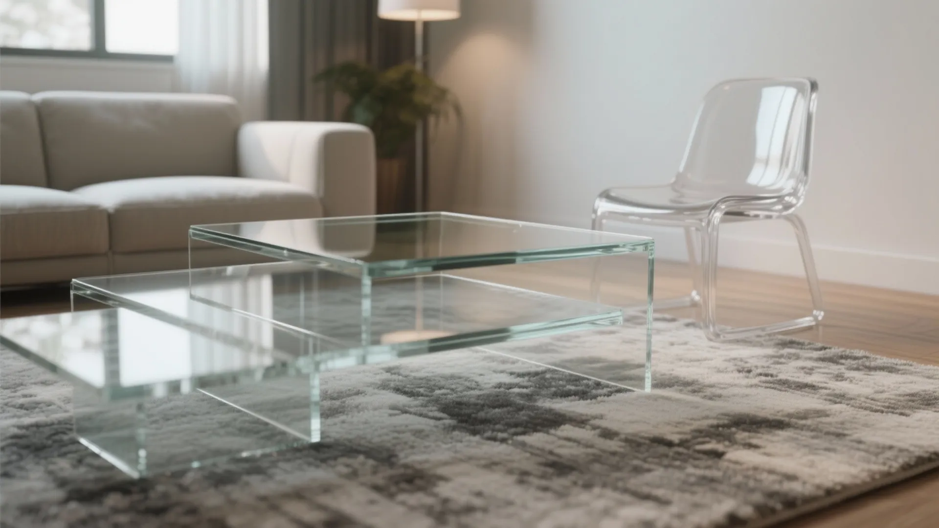 Clear glass coffee table and transparent chair on grey rug in modern bright living room