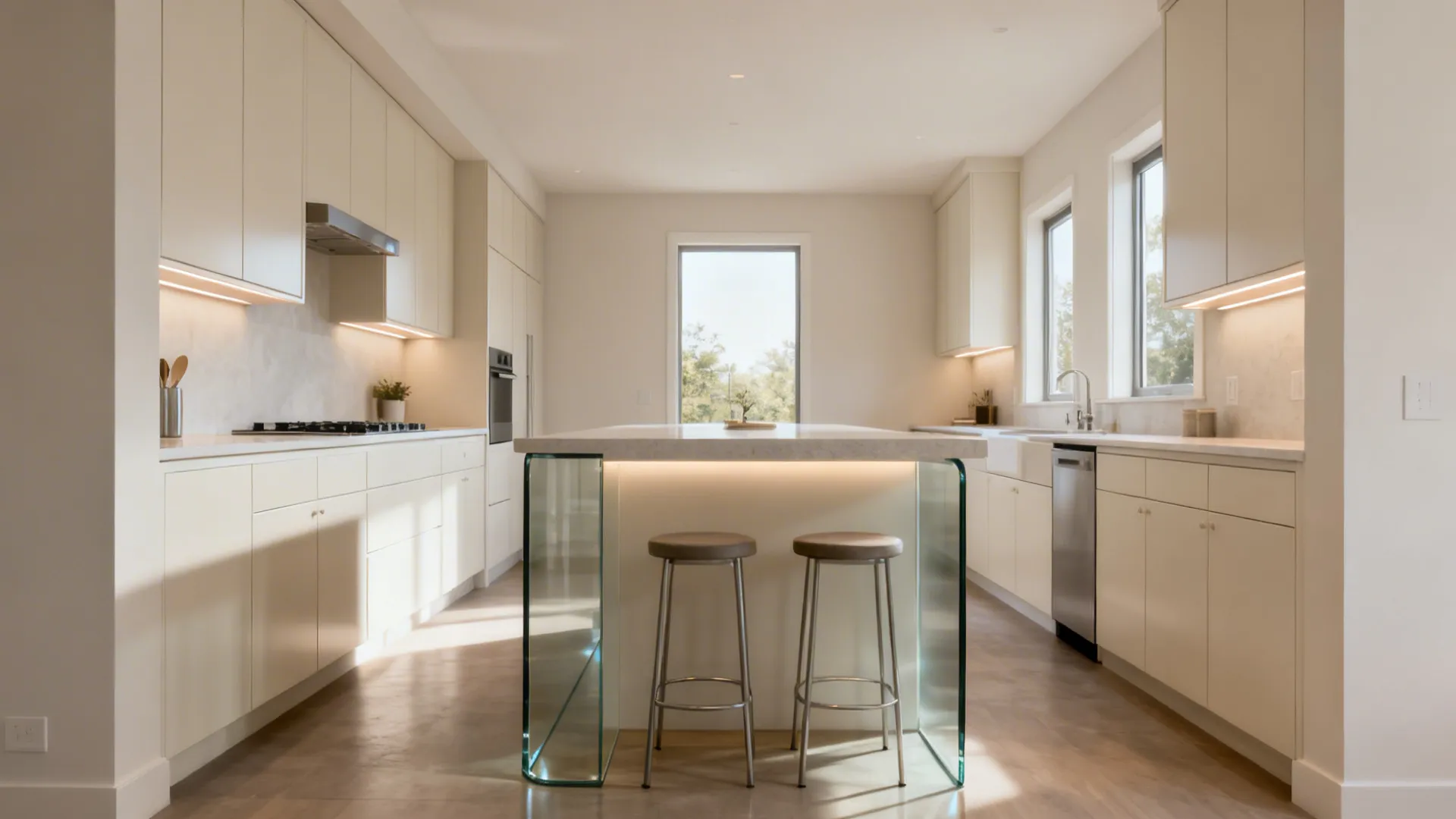 Narrow galley with satin glass island panel and pale semi-gloss cabinets reflecting soft daylight.