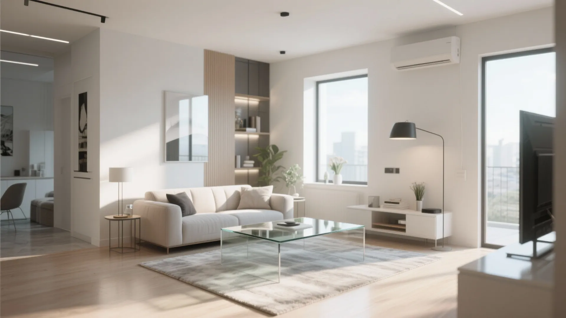 Small condo living room with glass coffee table and light rug