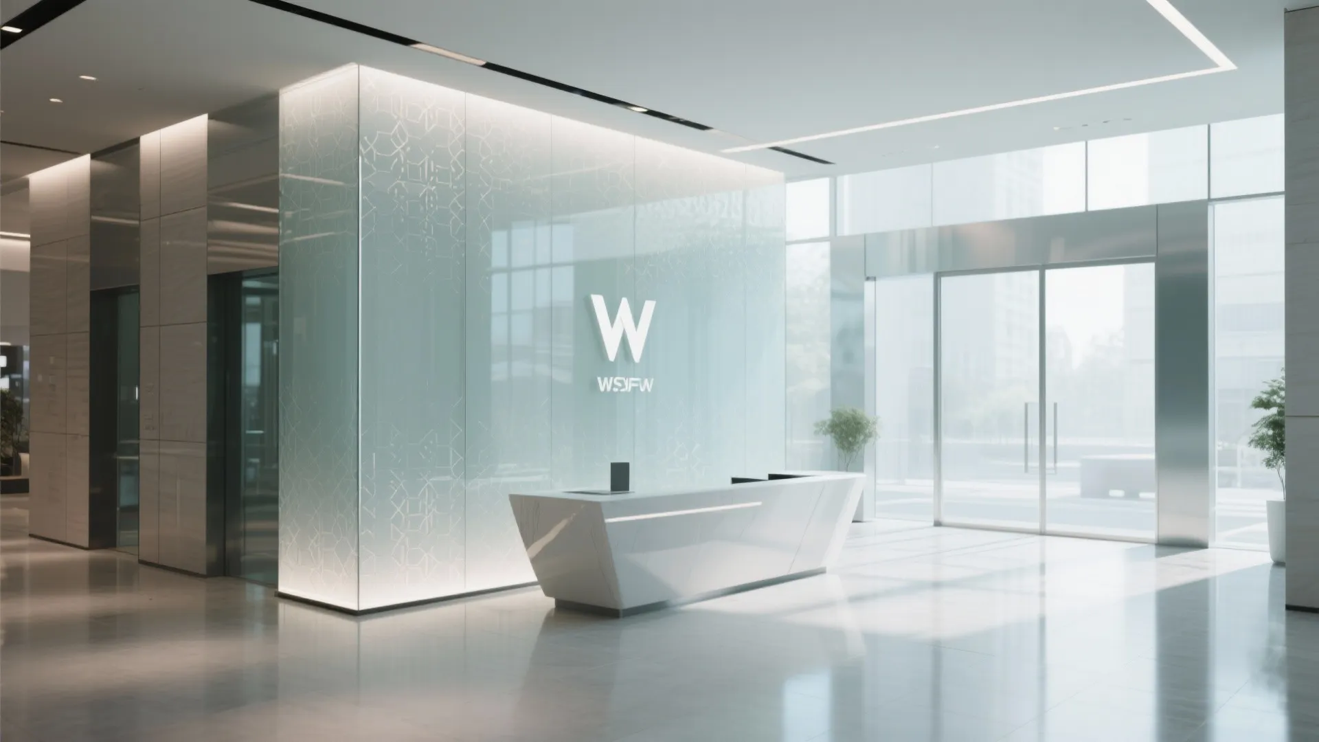 Bright office lobby with white reception desk glass wall panels and large glass doors with light