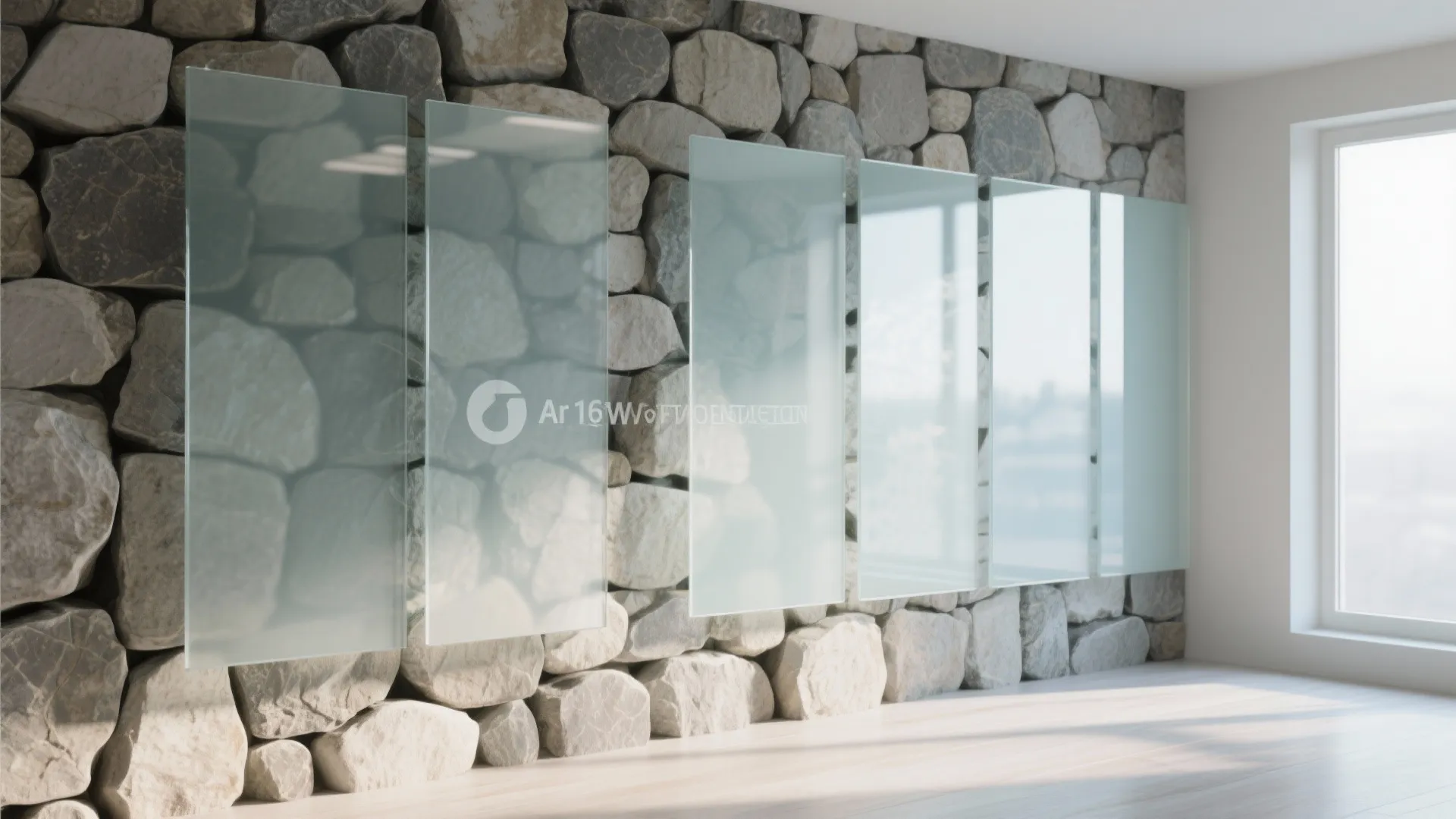 Modern interior room with glass panels mounted on a large grey natural stone feature wall