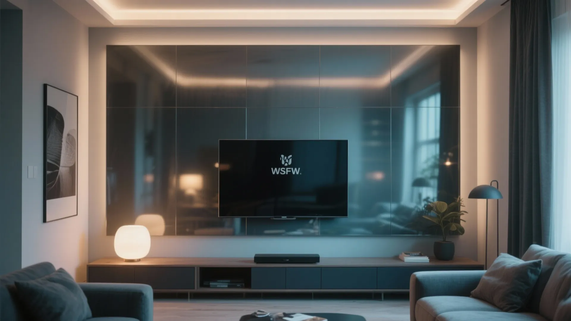 Modern living room featuring a glass wall panel behind a television with warm hidden lighting