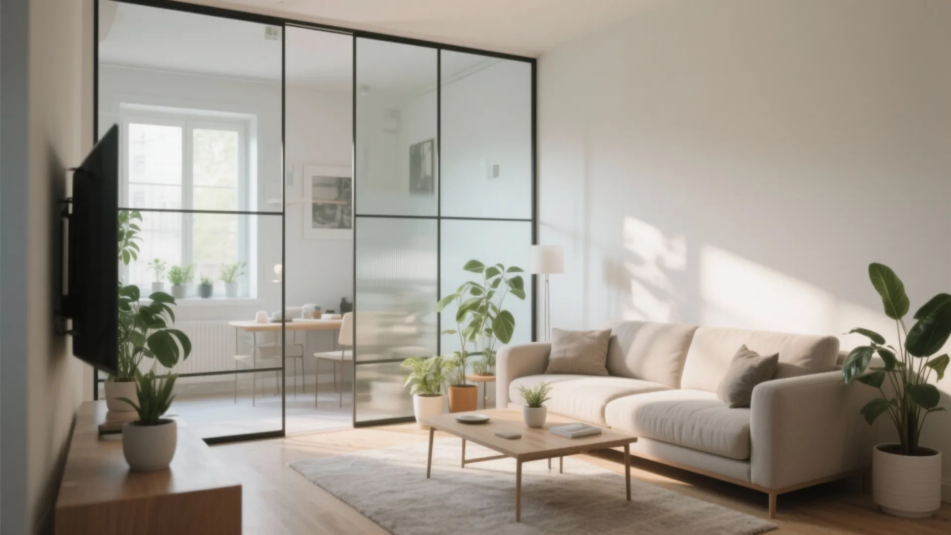 Modern living room with glass room divider cream sofa wooden coffee table and indoor green plants
