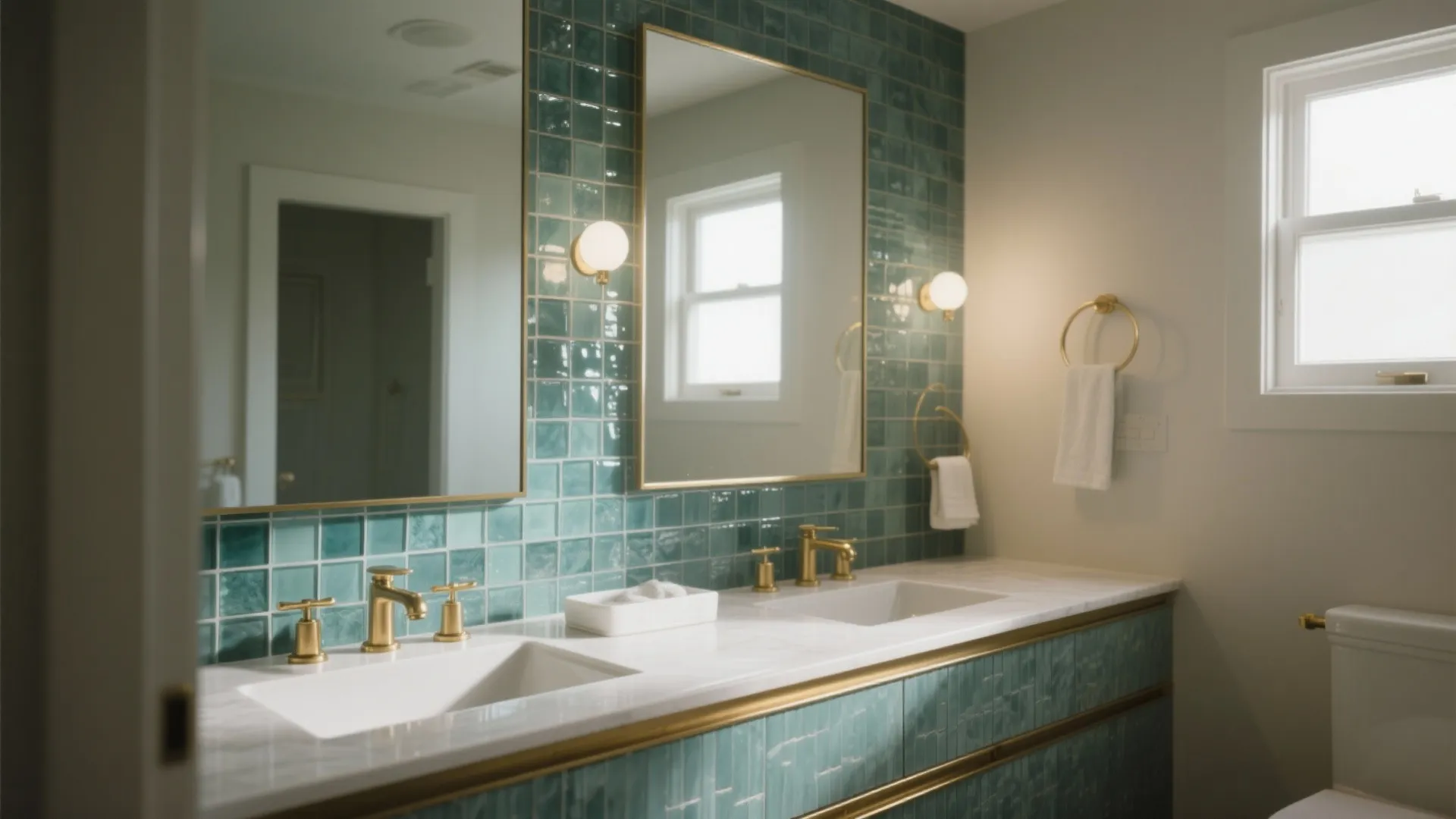 Eye-level view of a vanity with a smoky teal glass mosaic accent wall that amplifies soft daylight.