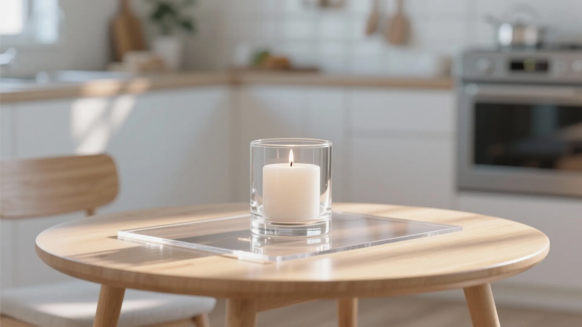 White candle inside a clear glass holder sitting on a wooden table in modern kitchen