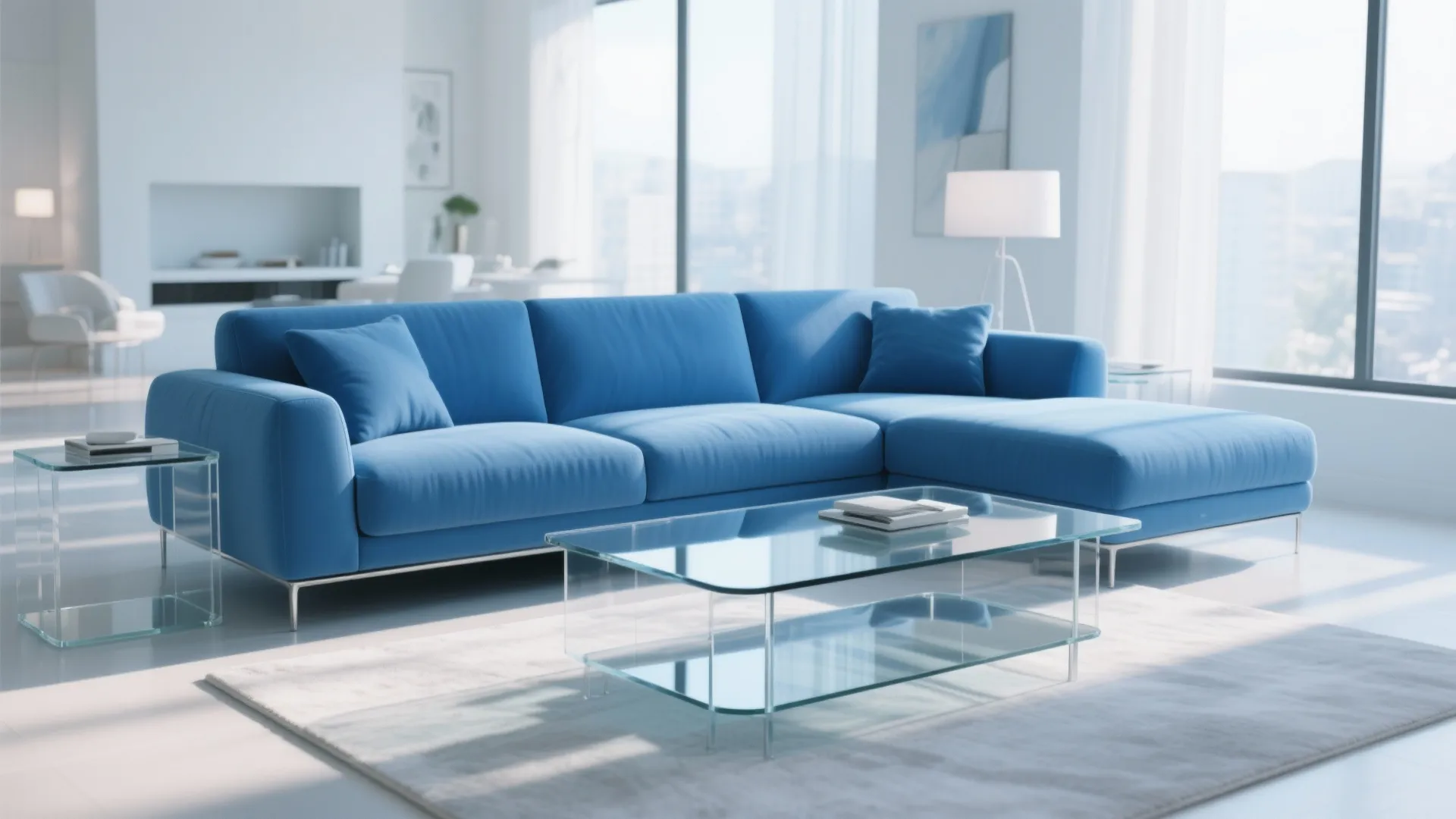 Modern bright living room featuring a large blue sofa glass coffee table and white floor rug