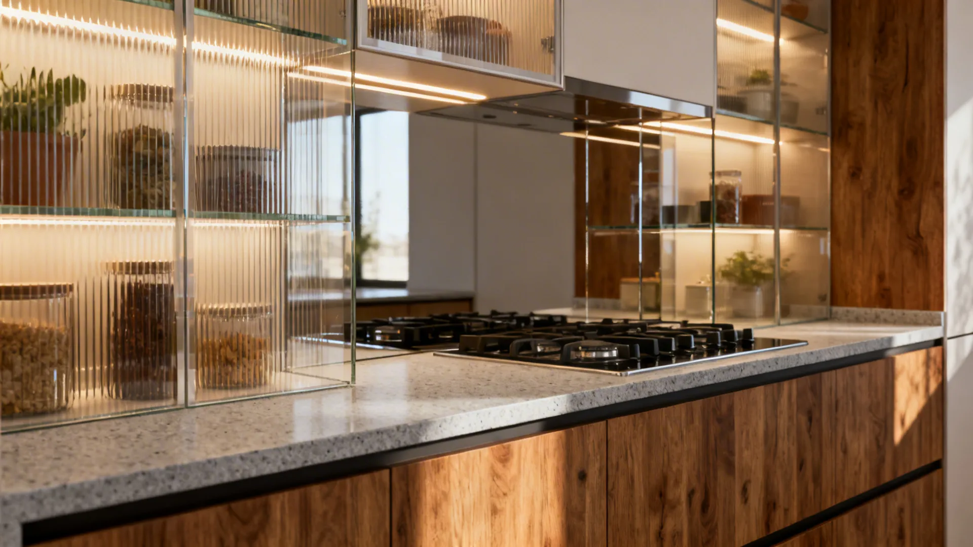 Compact kitchen with reeded glass uppers, a mirrored backsplash, and warm LED cabinet lighting.