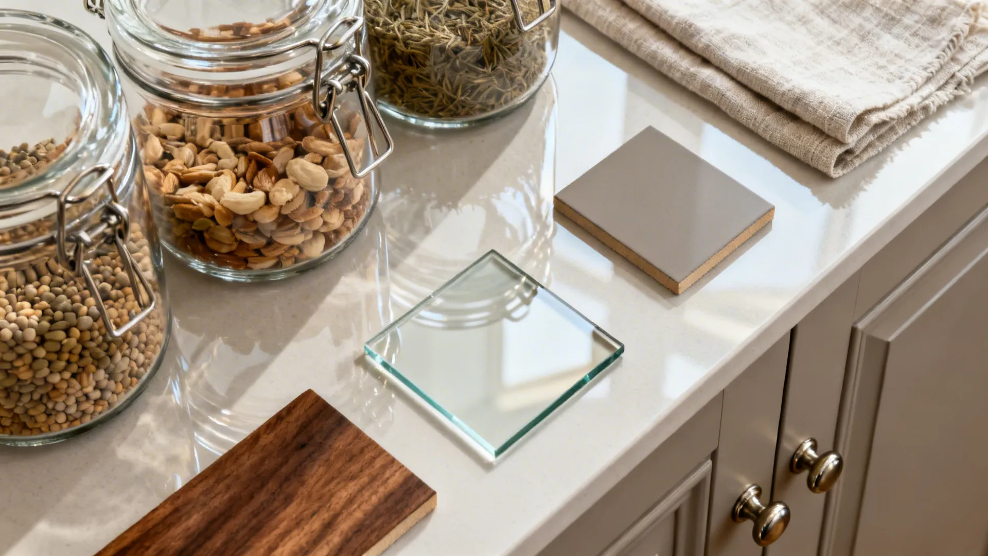 Flat lay of glass canisters, nickel pulls, glass sample, walnut and cabinet swatches, and linen.
