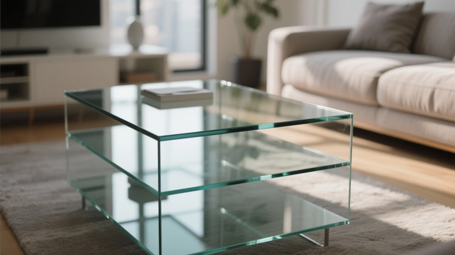 Clear glass three tier coffee table on grey rug with sofa and television in the background