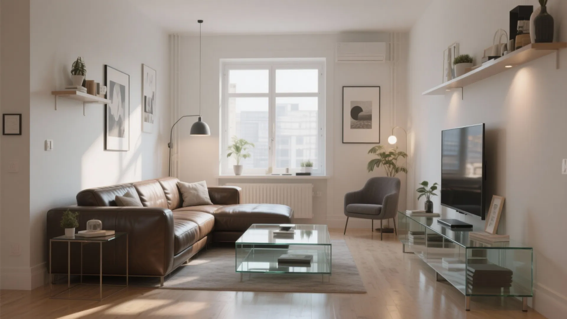 Modern living room with brown leather sofa glass coffee table grey armchair and light window