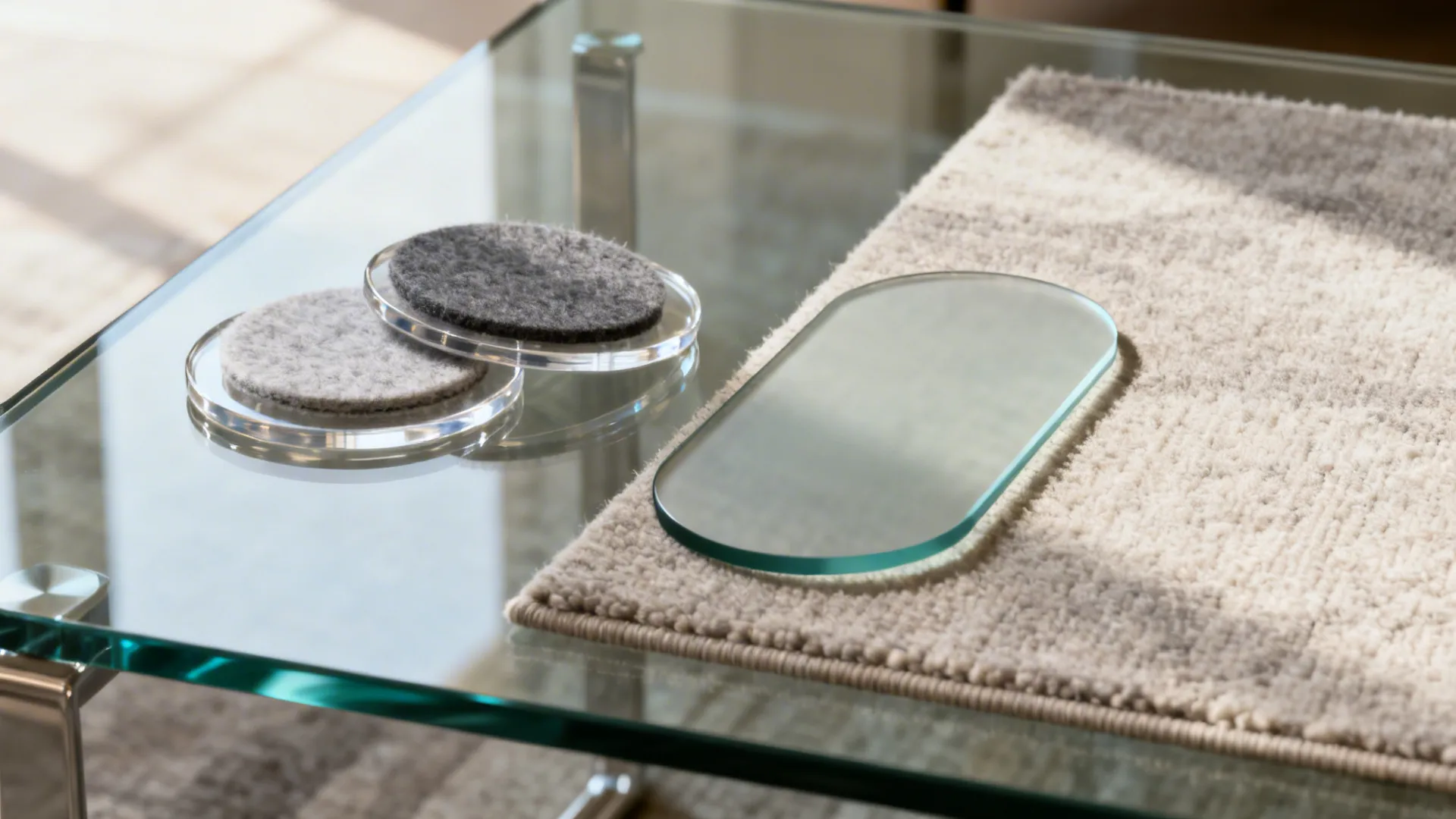 Close-up of coasters, felt pads, and tempered glass sample next to a neutral rug swatch.