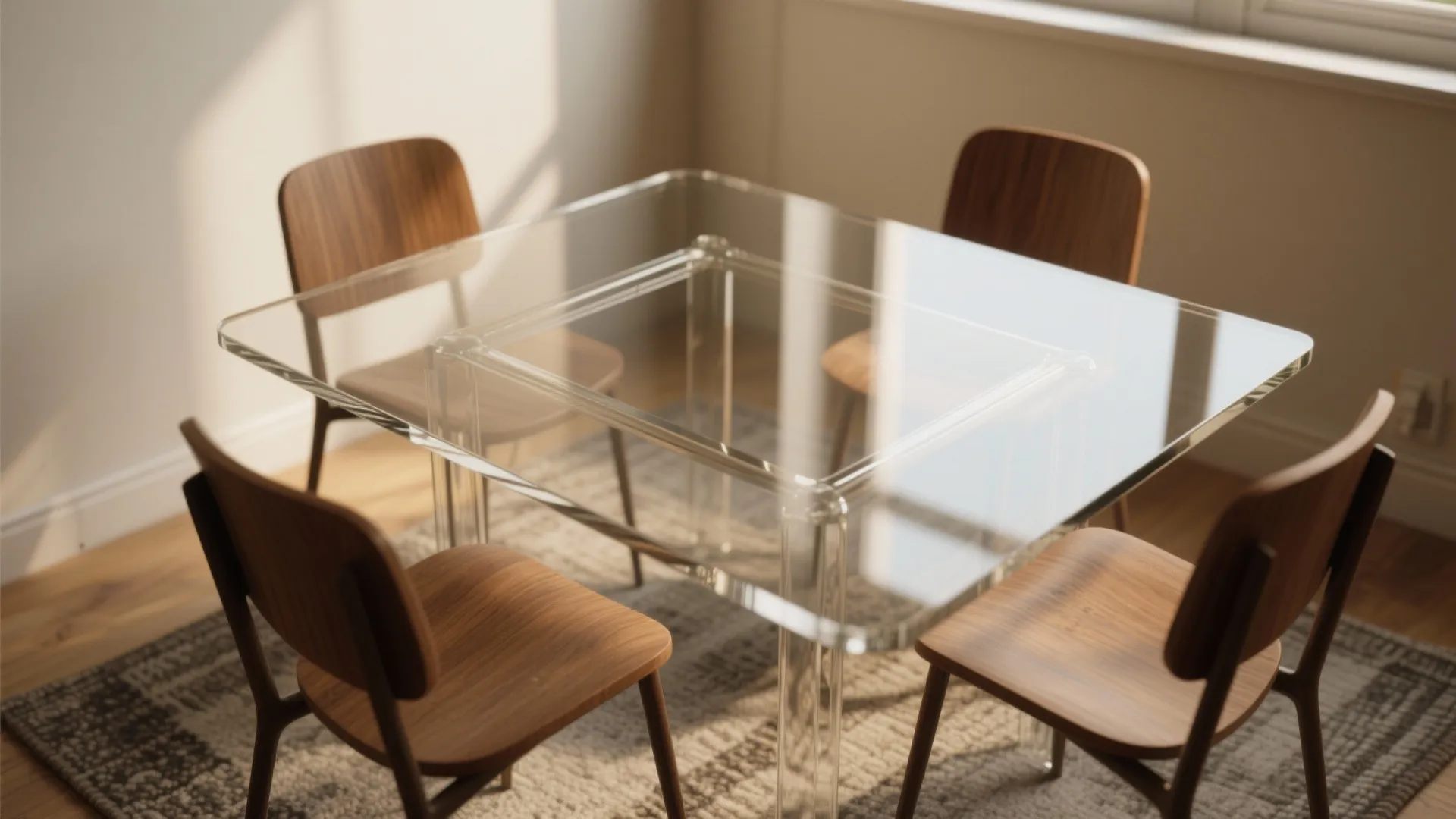 Modern dining area featuring a clear square glass table and four wooden chairs on grey rug