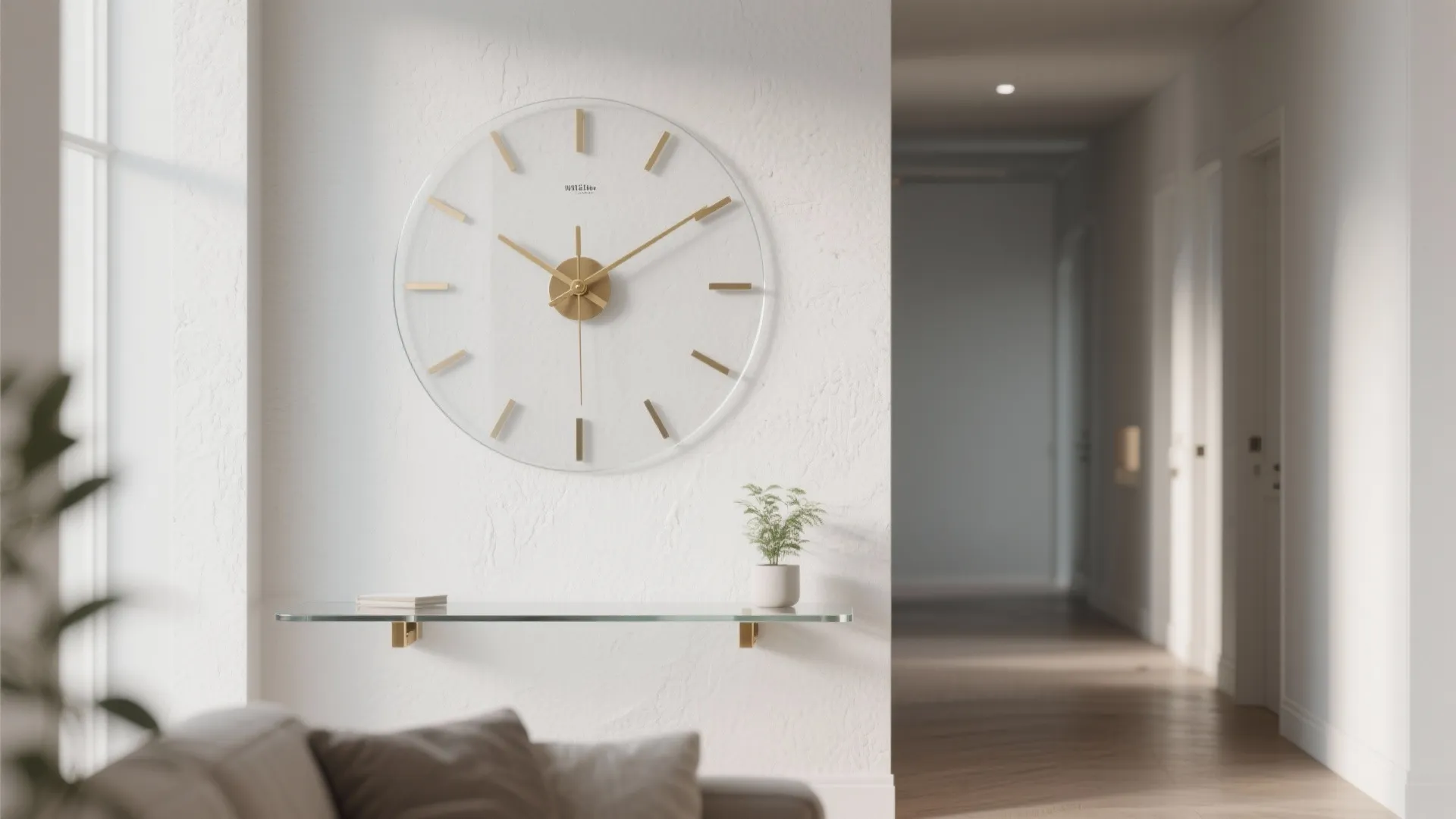 Modern transparent wall clock with gold hands hanging above a glass shelf in white hallway