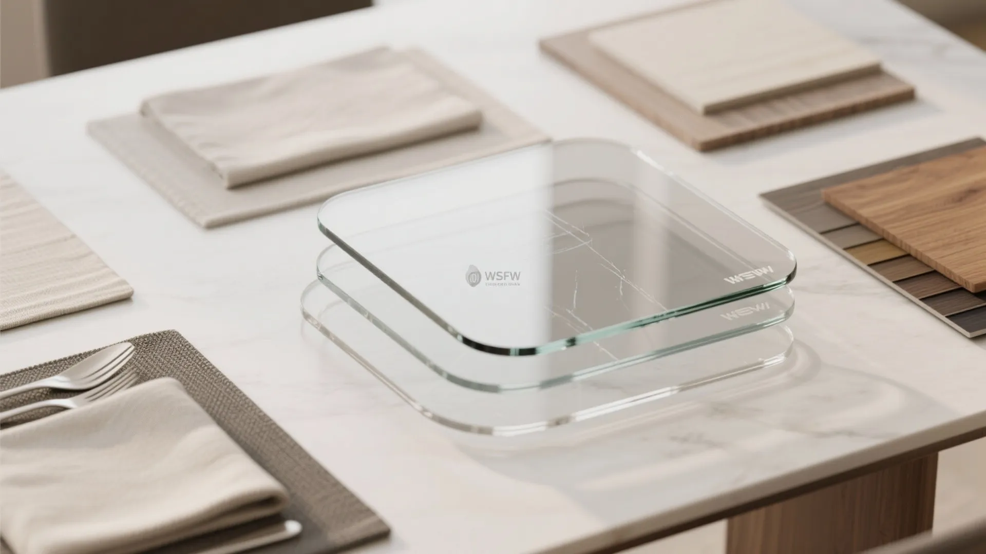 Top-down flatlay of tempered glass and acrylic table samples with rounded edges and material swatches to illustrate visual lightness.
