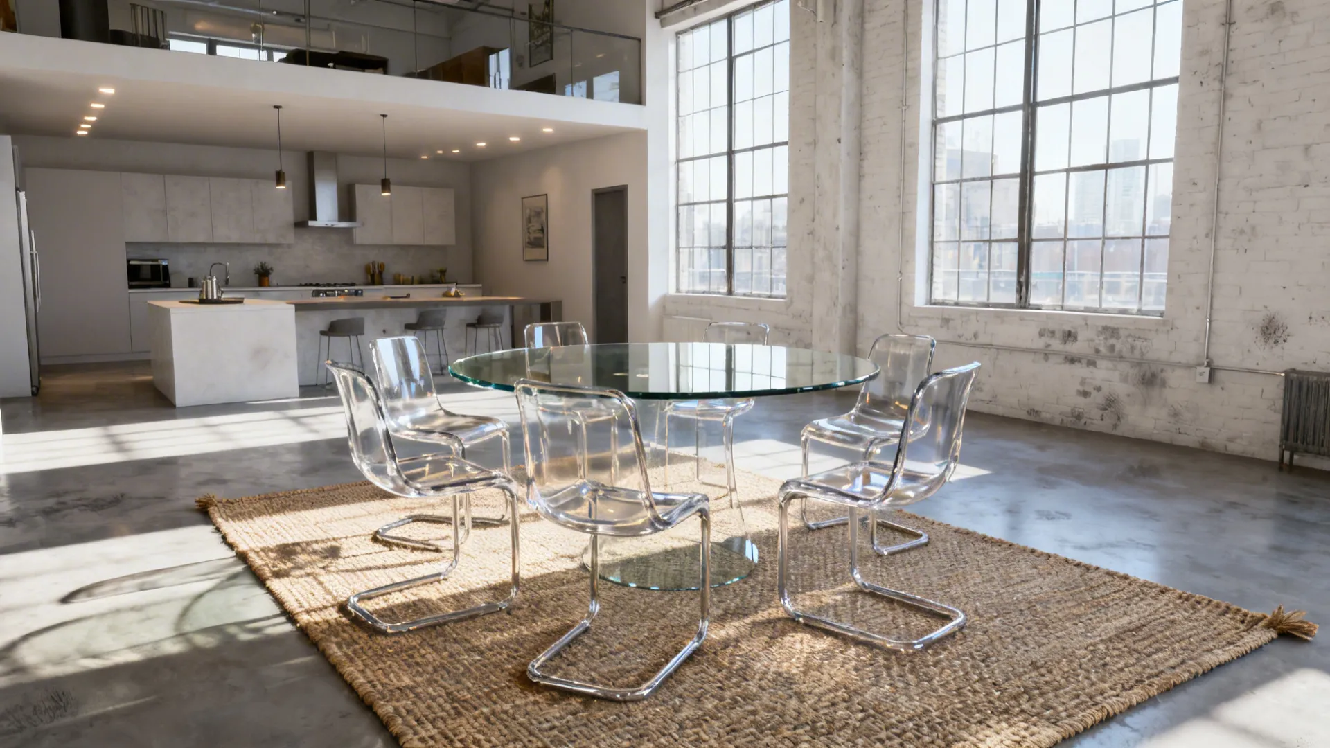 Round glass table with clear acrylic chairs creating a floating effect in a loft.