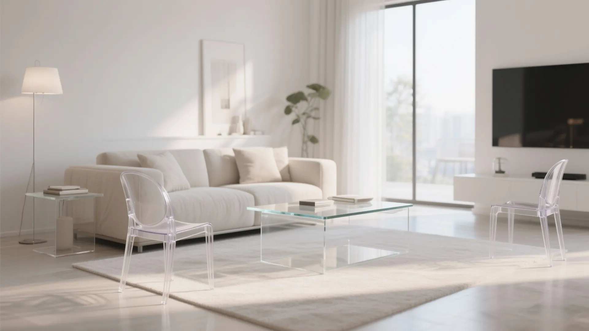 Modern bright living room with white sofa clear plastic chairs glass coffee table and natural light