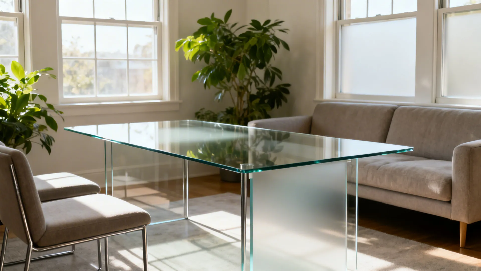 Clear glass dining table with slim metal legs lightens a small living room.