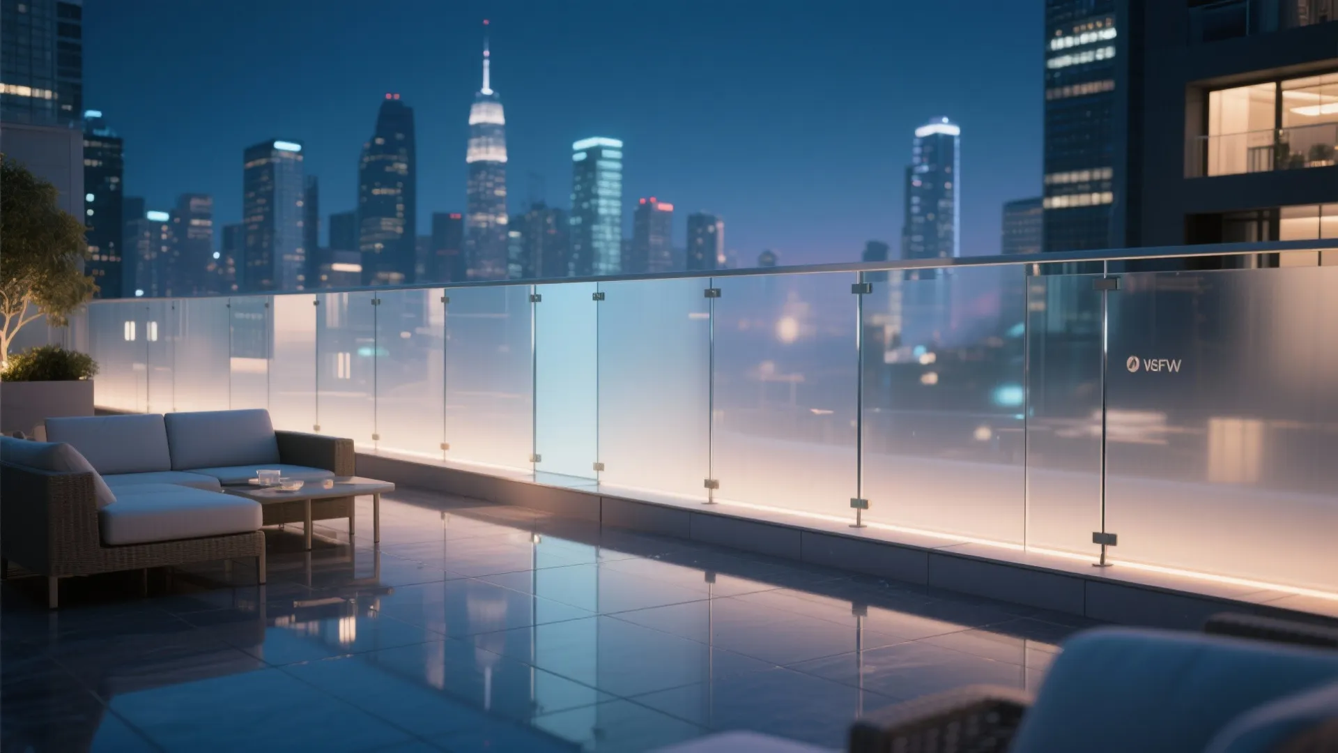 Modern night terrace featuring glass railing with lights grey sofa coffee table and city skyscrapers