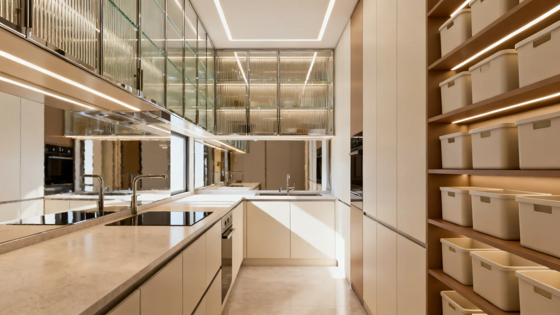 Reeded glass overhead cabinets with softly lit interiors brightening a narrow kitchen.