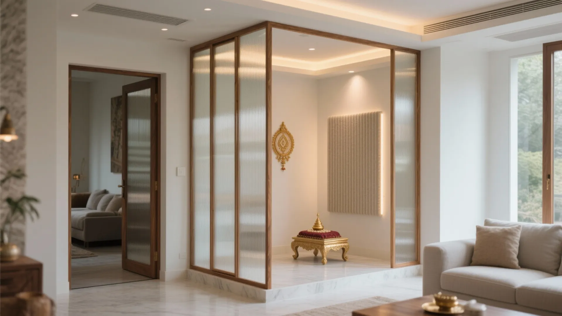 Modern living room featuring a glass partition wall creating a small private prayer space with stool