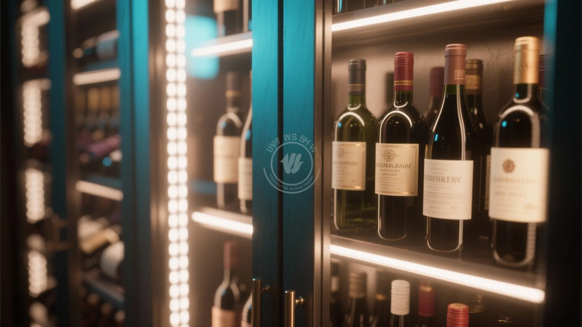 Close-up of a glass-fronted wine alcove with LED accents and visible glass seal detail.