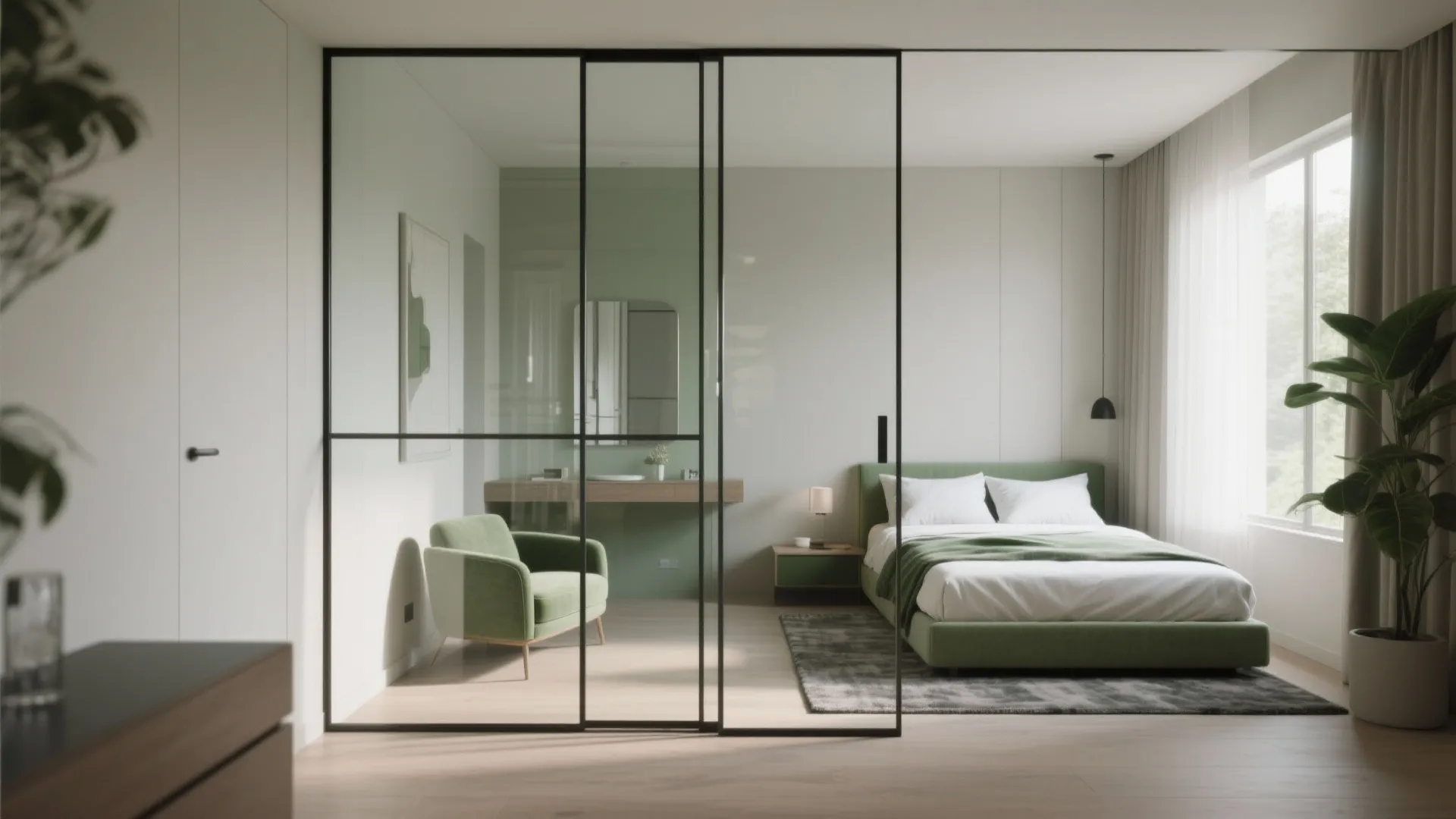 Small bedroom with a slim glass partition forming a light-filled alcove.
