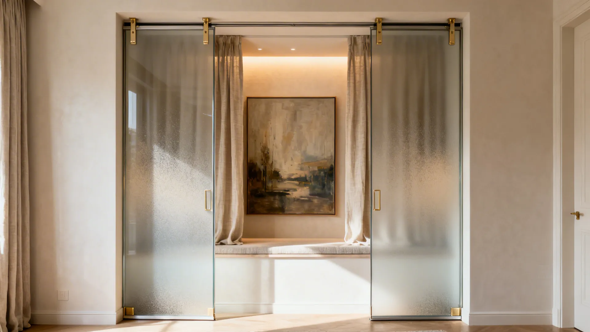Serene living room alcove with frosted sliding glass doors and linen curtain, softly lit for prayer.