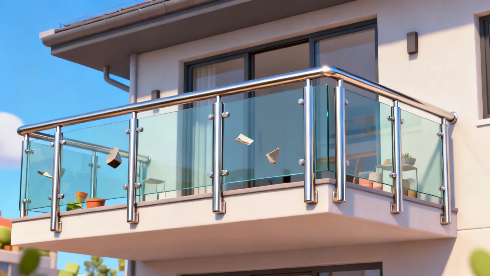 glass parapet wall with stainless steel railing supports
