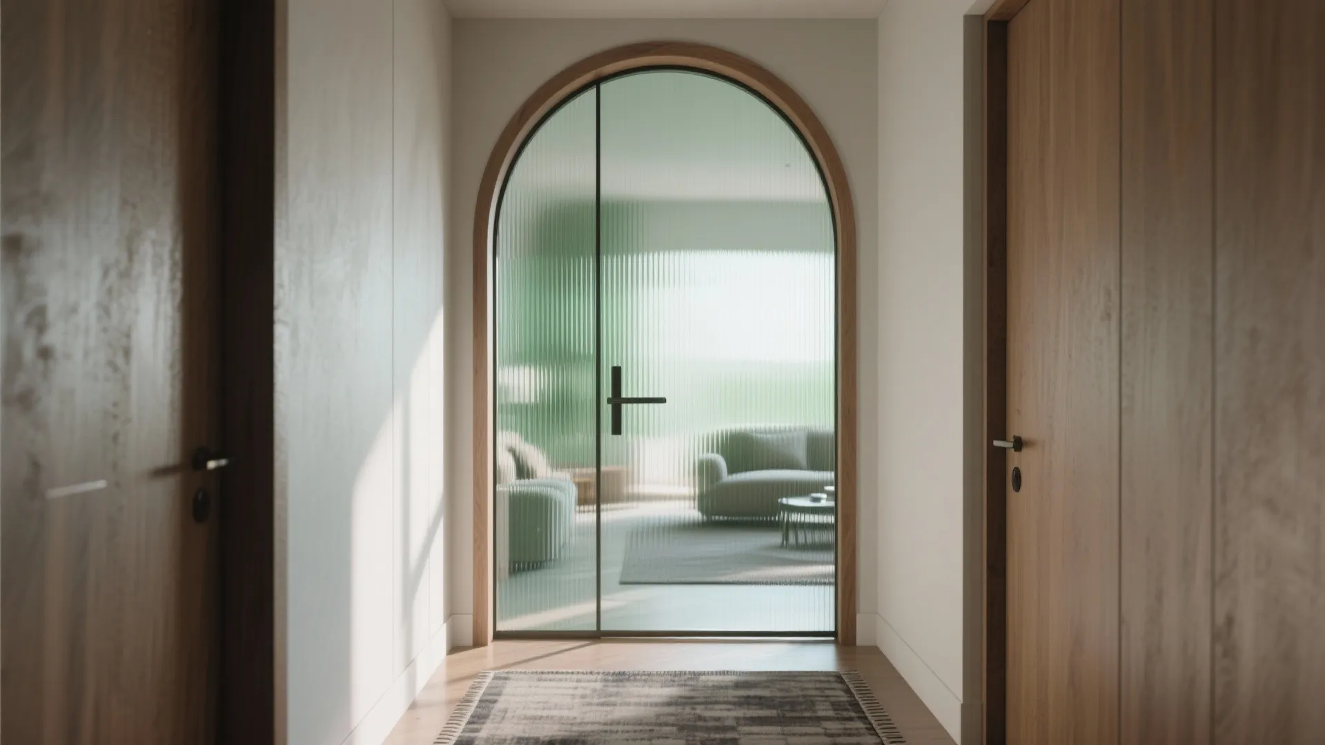 Wooden arched door frame with ribbed glass partition leading into a bright green living room