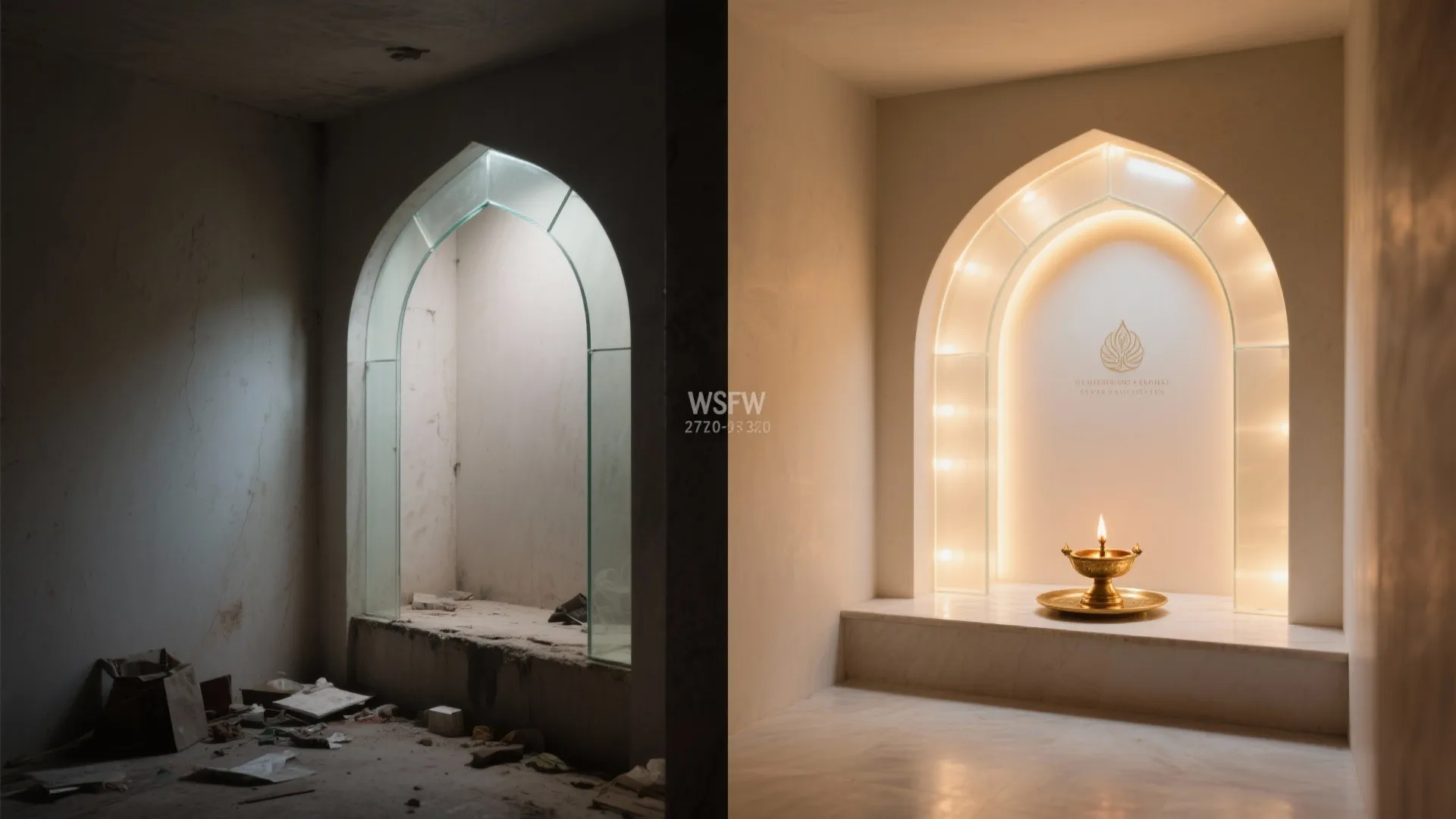 Before and after comparison of a messy construction site and a finished arched light fixture