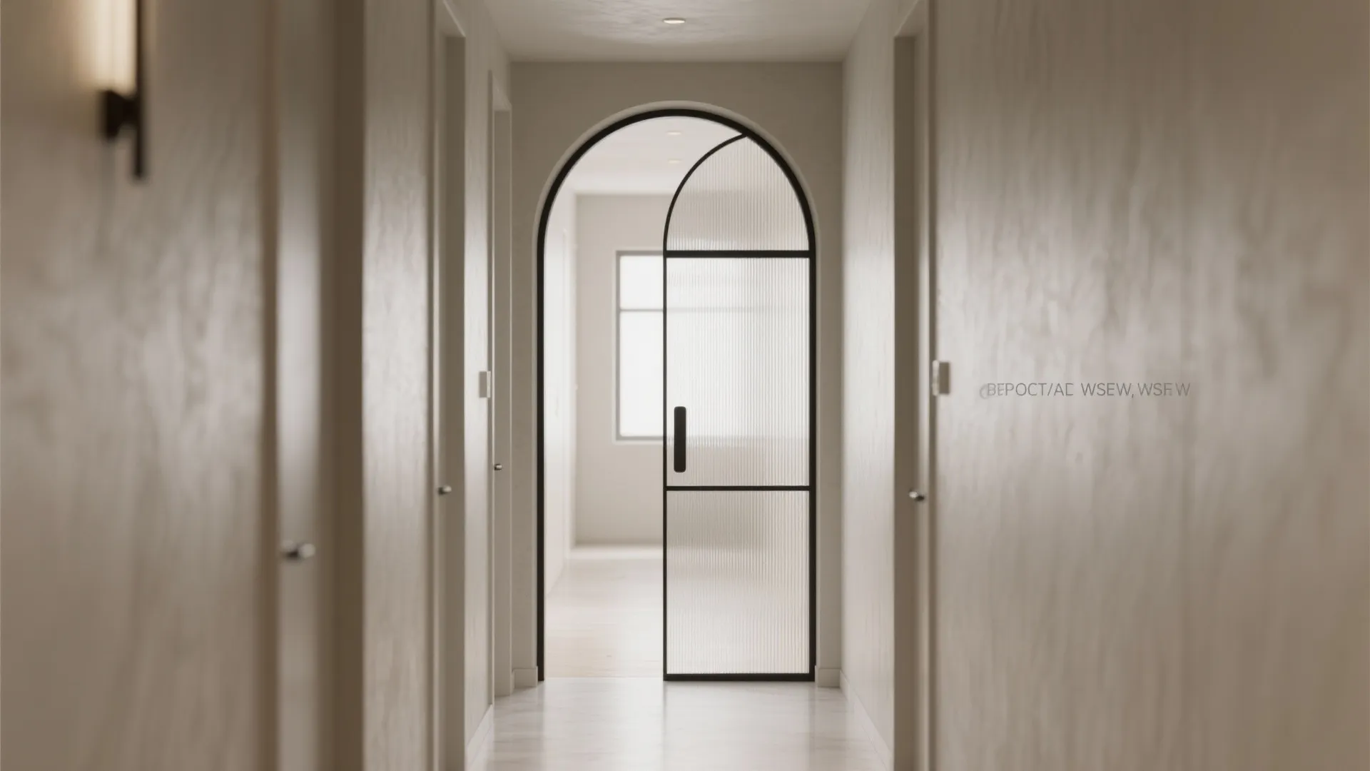 Minimalist hallway leading to an arched black frame door with textured glass and soft wall lighting