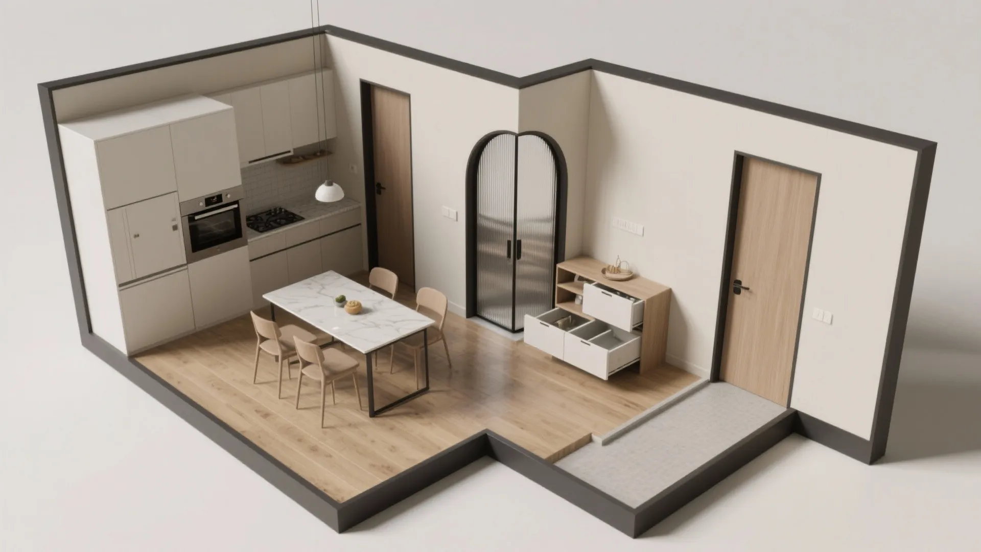 Glass Arch Partitions for Light and Sound Balance