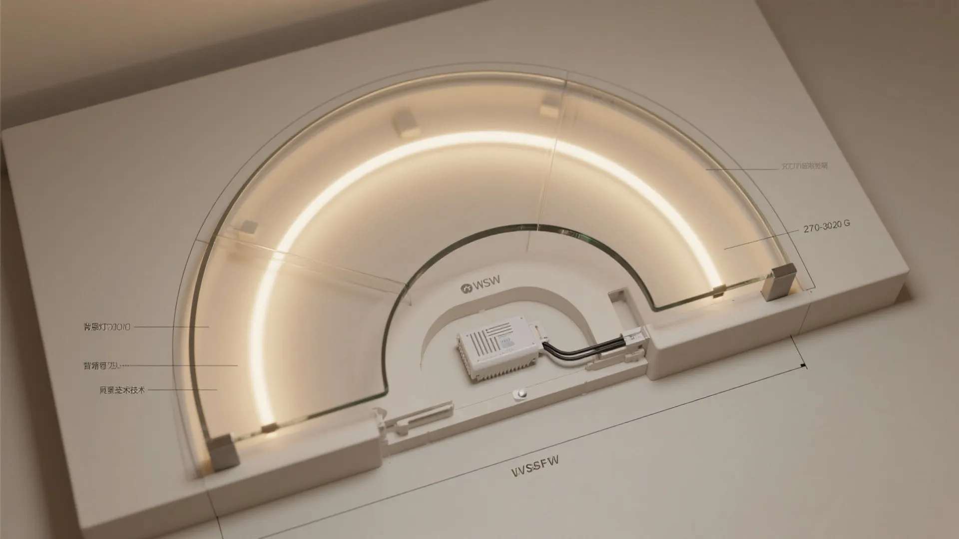 A top down interior design drawing of a curved glass light fixture with visible technical labels