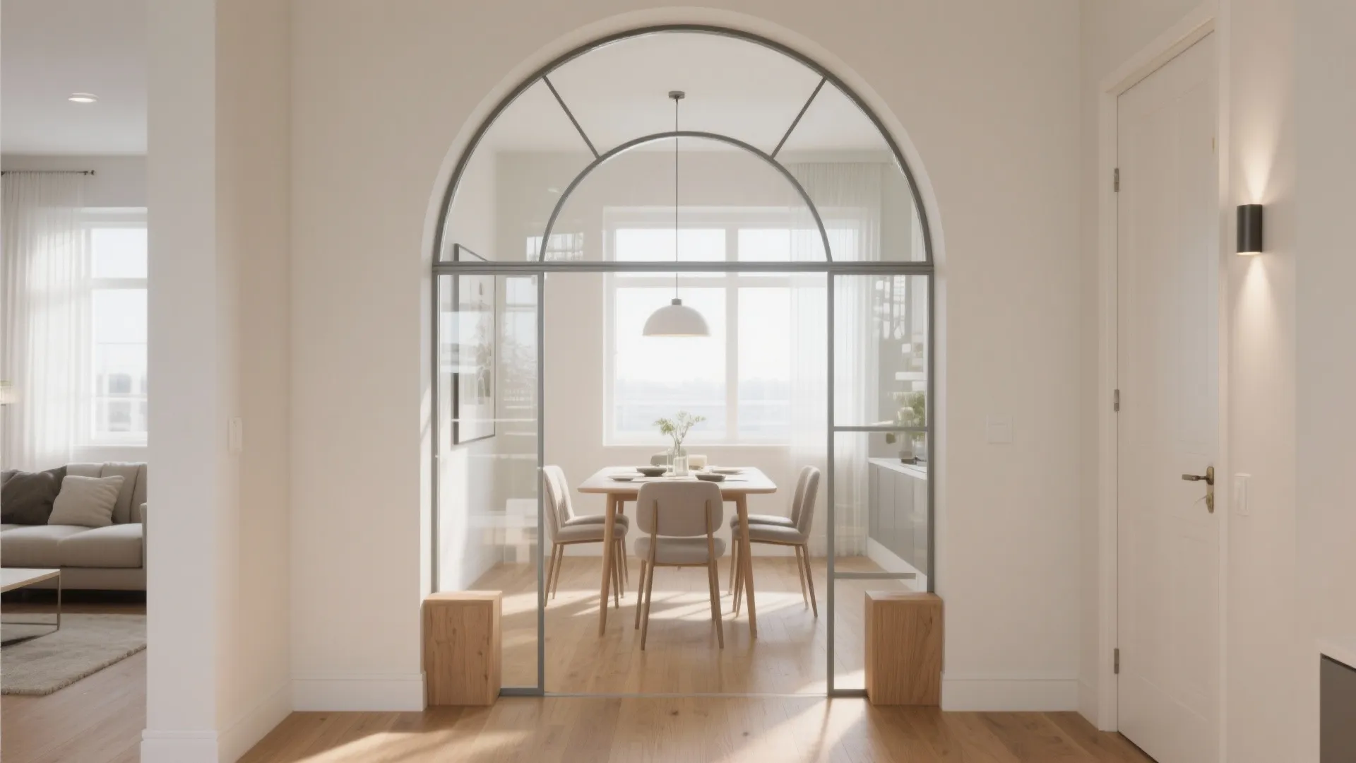 Modern dining room seen through a large arched glass door with thin black metal frame design