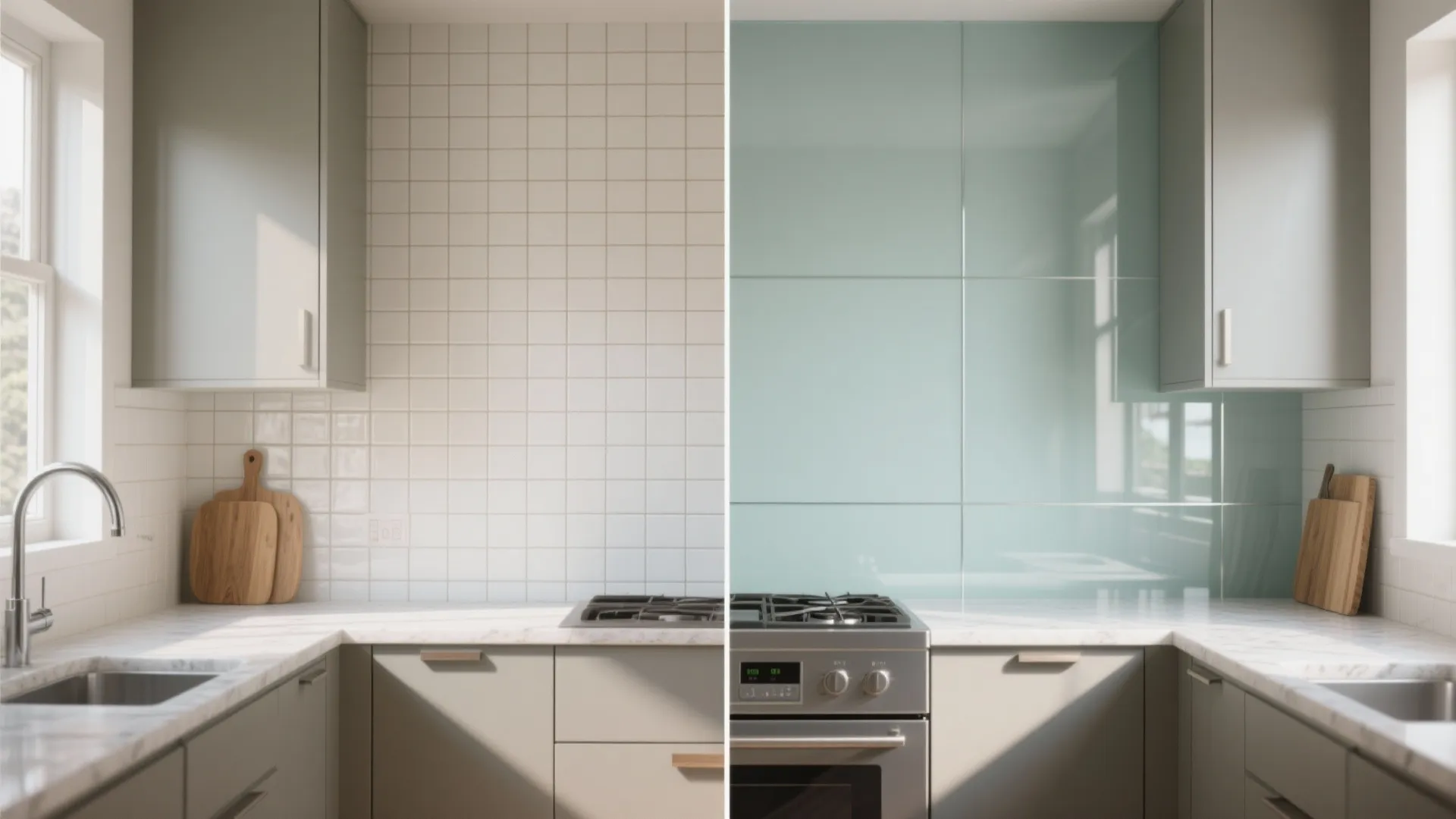 Glass backsplash for an airy, easy-clean wall