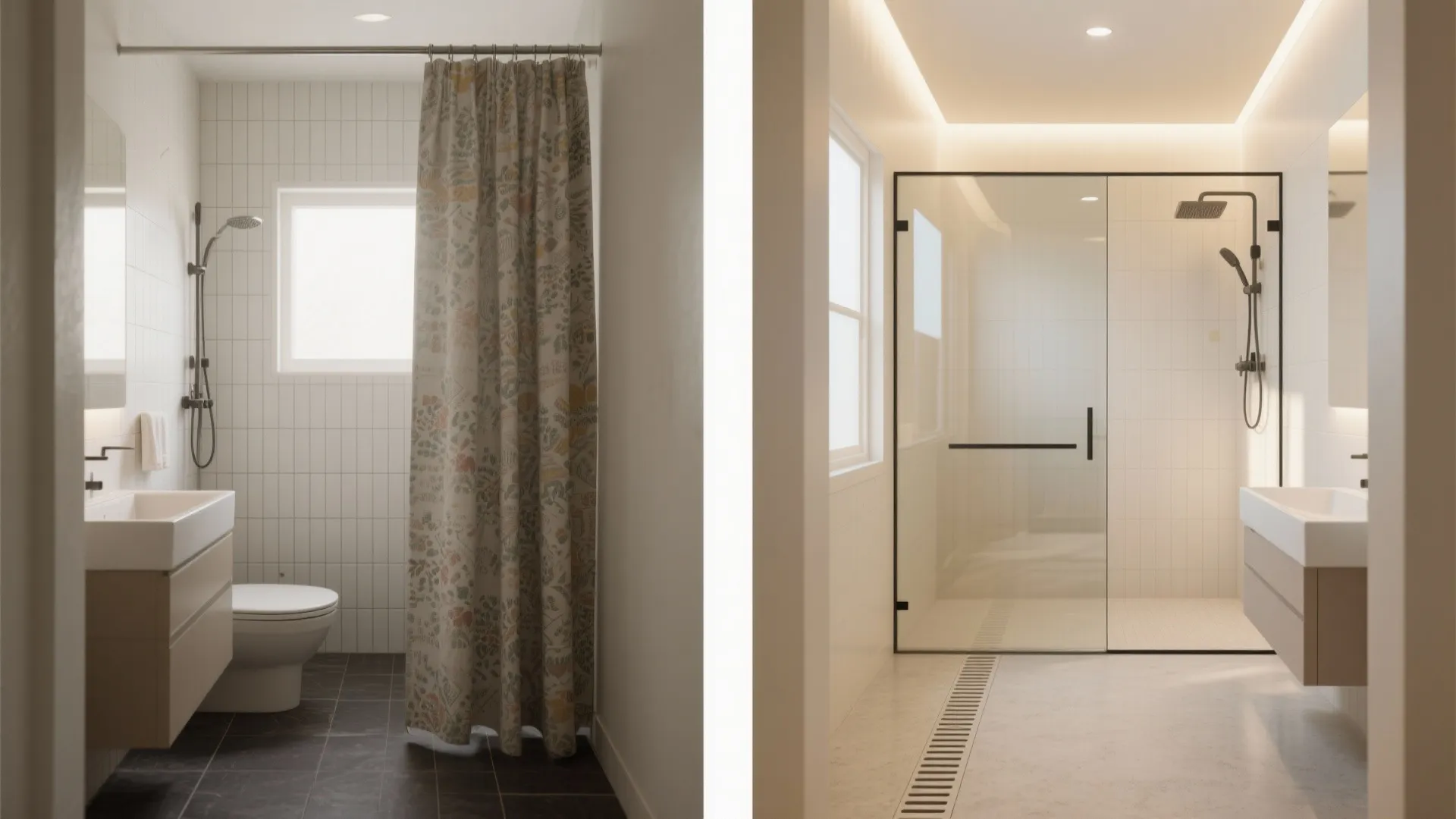 Frameless glass + light palette for visual spaciousness