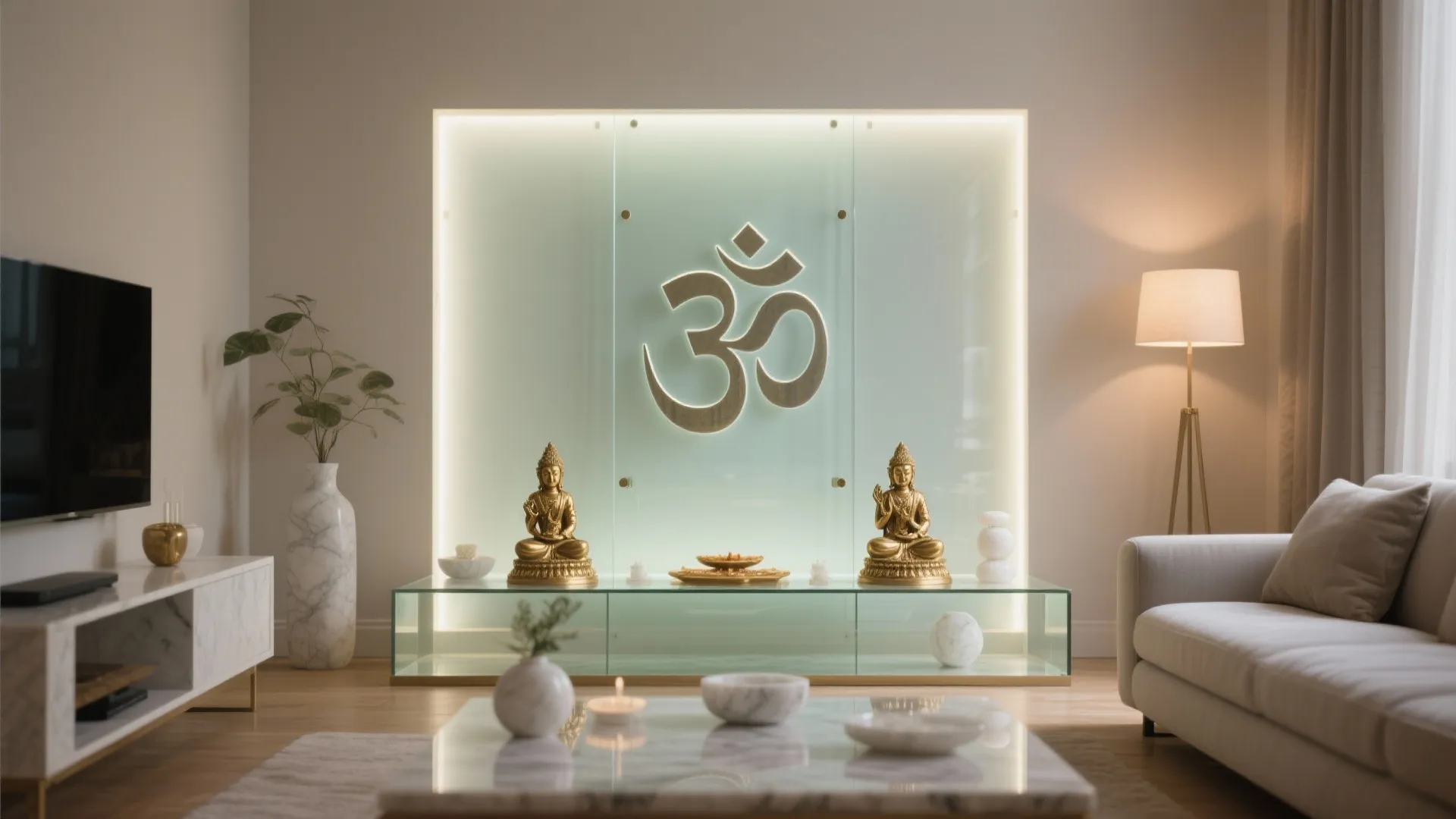 Compact altar with low-iron frosted glass back and soft diffuse backlighting.
