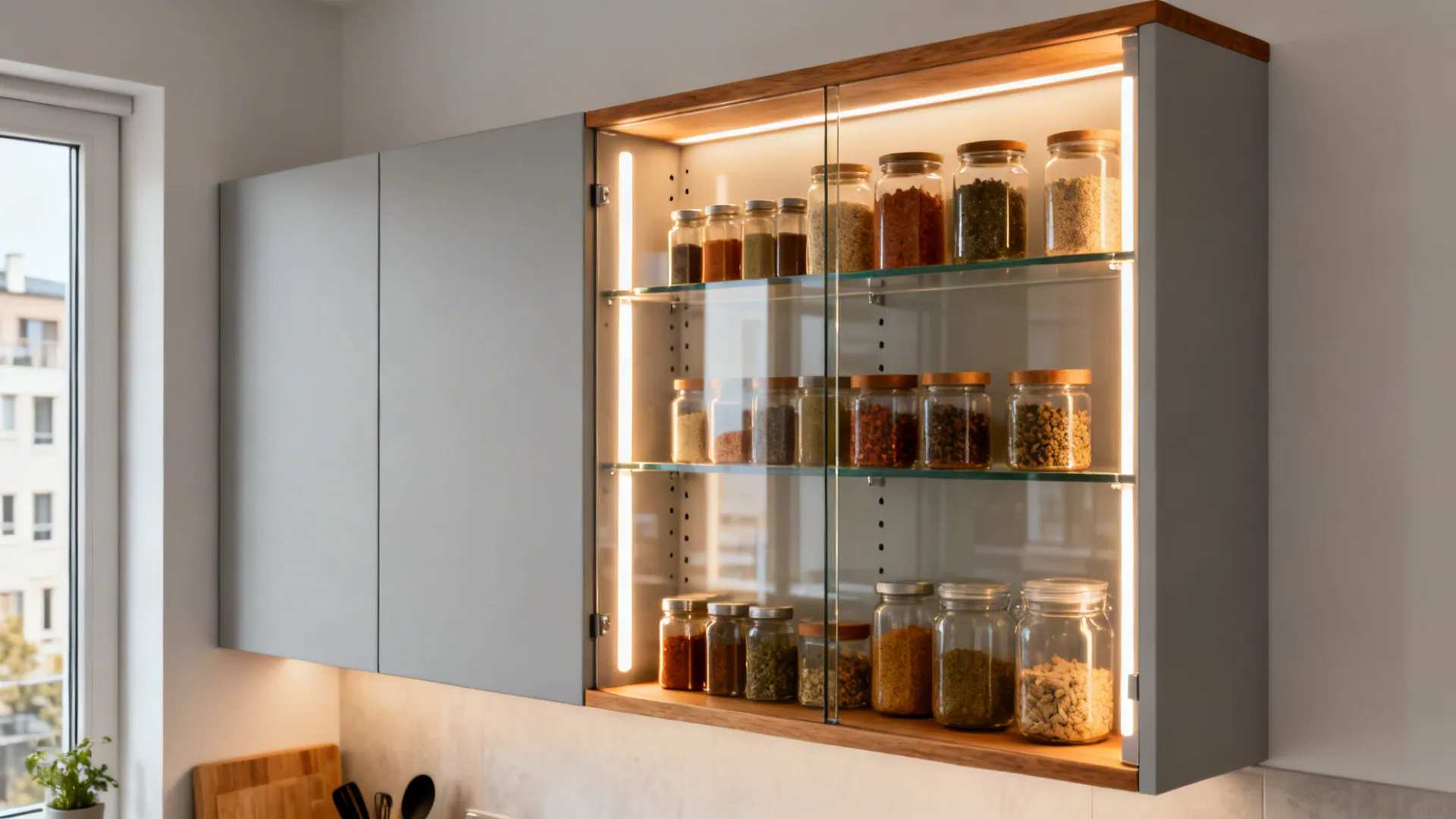 Wall cabinet with low-iron glass back, side LED channels, and adjustable shelves holding jars.